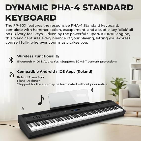 Roland FP-60X 88-Key Digital Piano - Black Bundle with Stand, Three Pedal Unit, Bench, Instructional DVD, Online Piano Classes, and Polishing Cloth