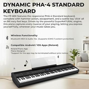 Roland FP-60X 88-Key Digital Piano - Black Bundle with Stand, Three Pedal Unit, Bench, Instructional DVD, Online Piano Classes, and Polishing Cloth