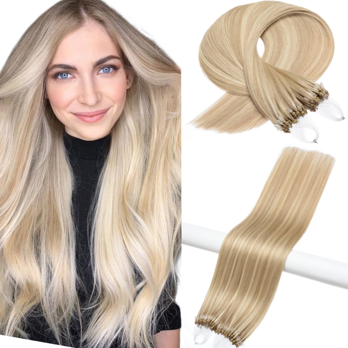 Kun Na Micro Loop Hair Extensions Real Human Hair Bleach Blonde with Ash Blonde Multi-Colours Remy Straight Micro Beads Hair Extensions 50g/pack(24 inch