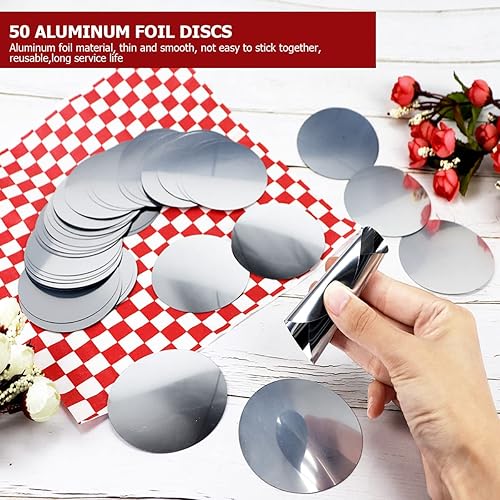 Miniatura 5 de DOERDO 50 piezas de papel de aluminio para vino tinto vertedor de disco reutilizable flexible para tope de goteo para vino bebida cerveza líquido