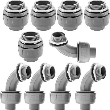 10 Pack 1-1/2 Inch Liquid Tight Connectors - PVC Electrical Conduit Fittings, Straight, 90 and 180 Degree Non-Metallic Flexible Connectors for Home, Bathroom, and Kitchen, Gray