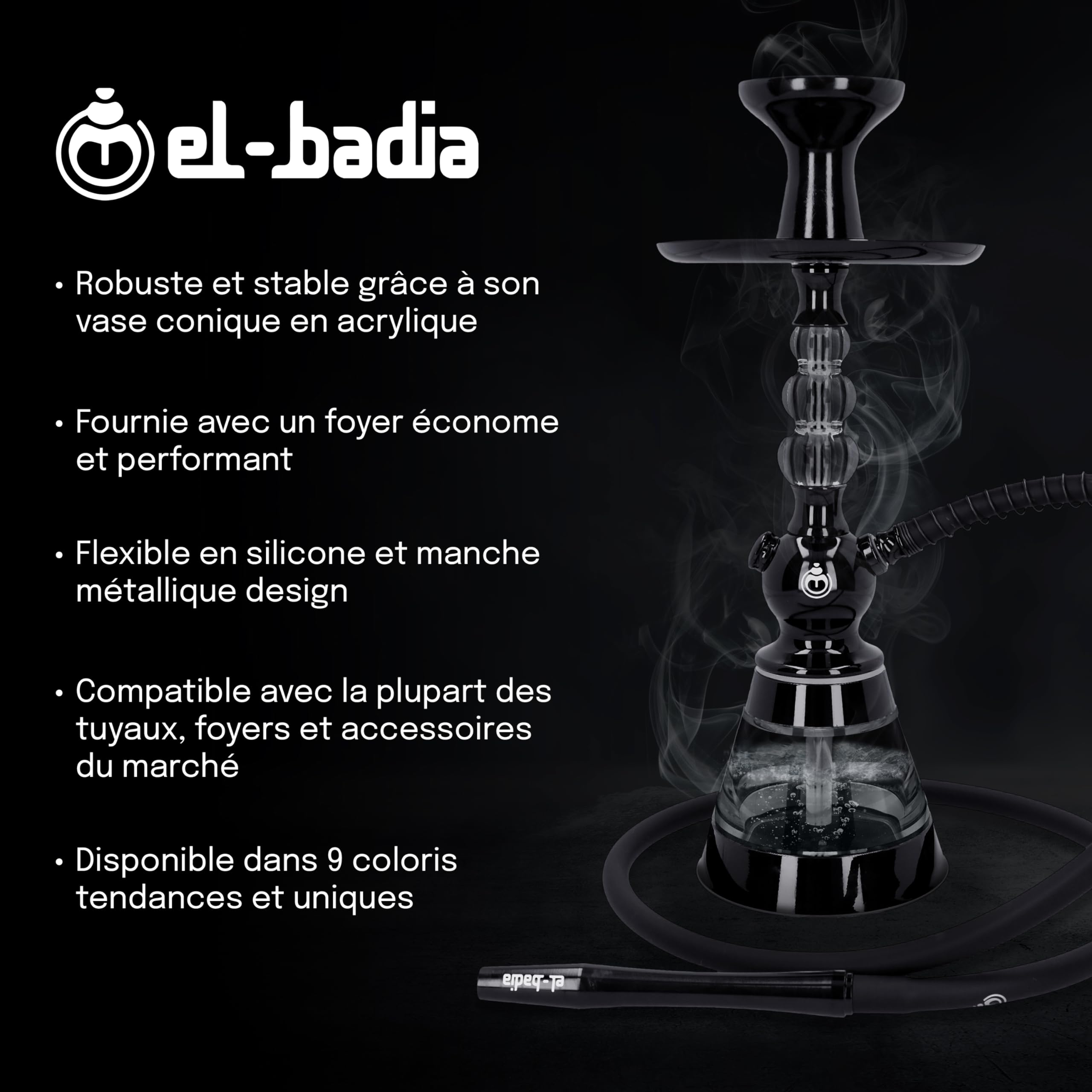 Chicha EL-BADIA® CELESTE – 45 cm – Chicha Légère avec Vase Acrylique, Tuyau Silicone, Manche Métal & Foyer Phunnel – Design Iconique et Couleurs Tendance (Deep Black)