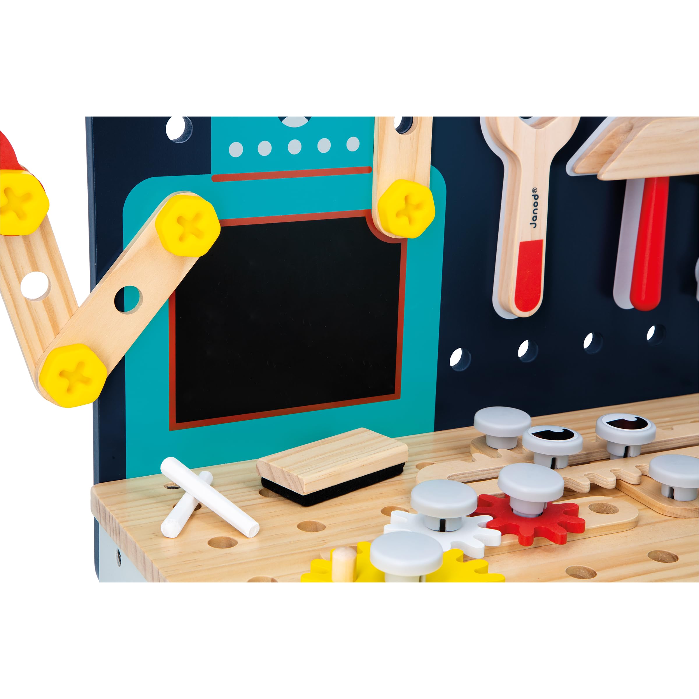 Janod - Mon Premier Jeu de Construction - Grand Établi Robot - Jeu de Bricolage Enfant - 50 Pièces - Hauteur Ajustable - Imitation - 3 Ans + - J06457