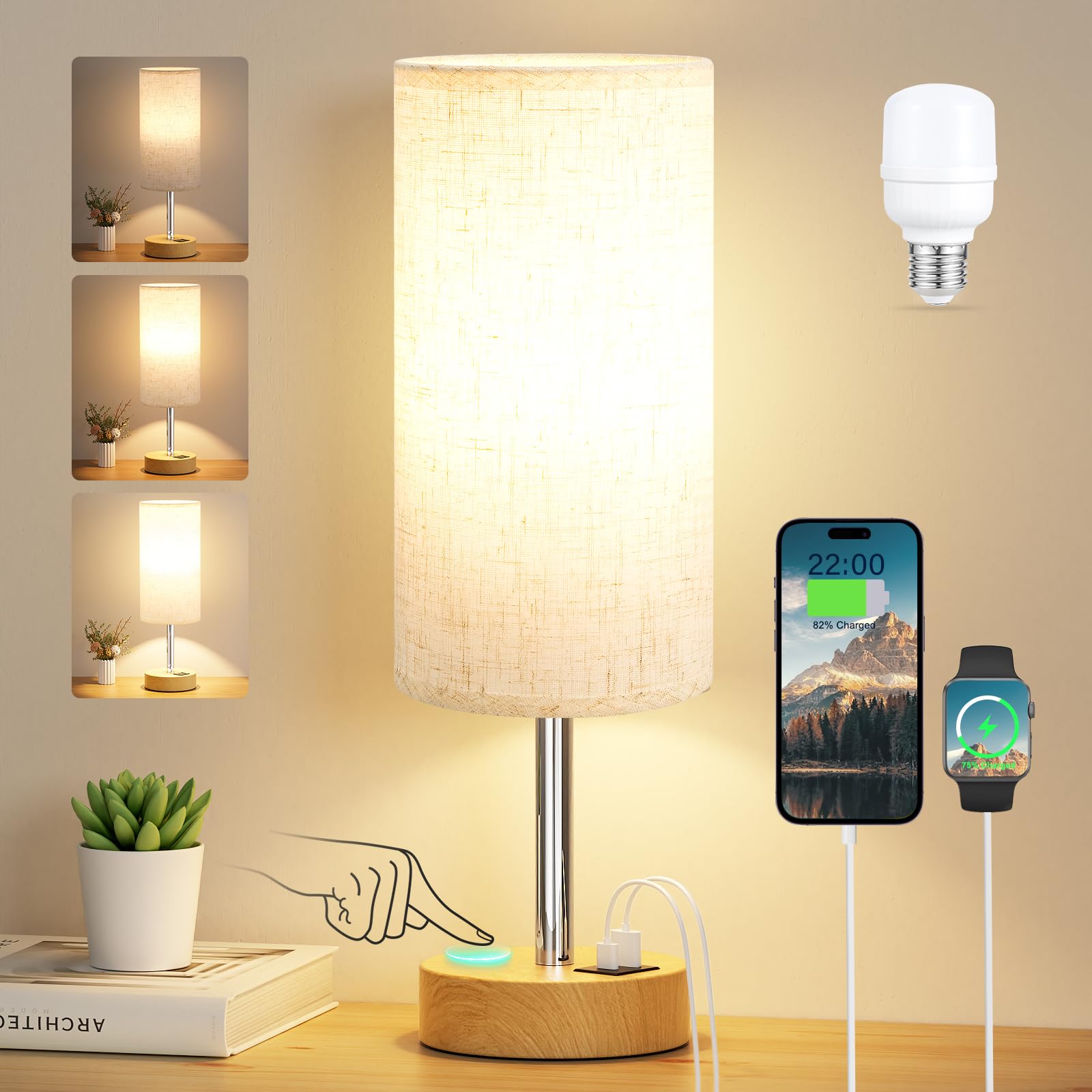 Aooshine Bedside Lamps, Table Lamp for Living Room Bedroom Touch Lamps Bedside with USB A+C Charging Ports