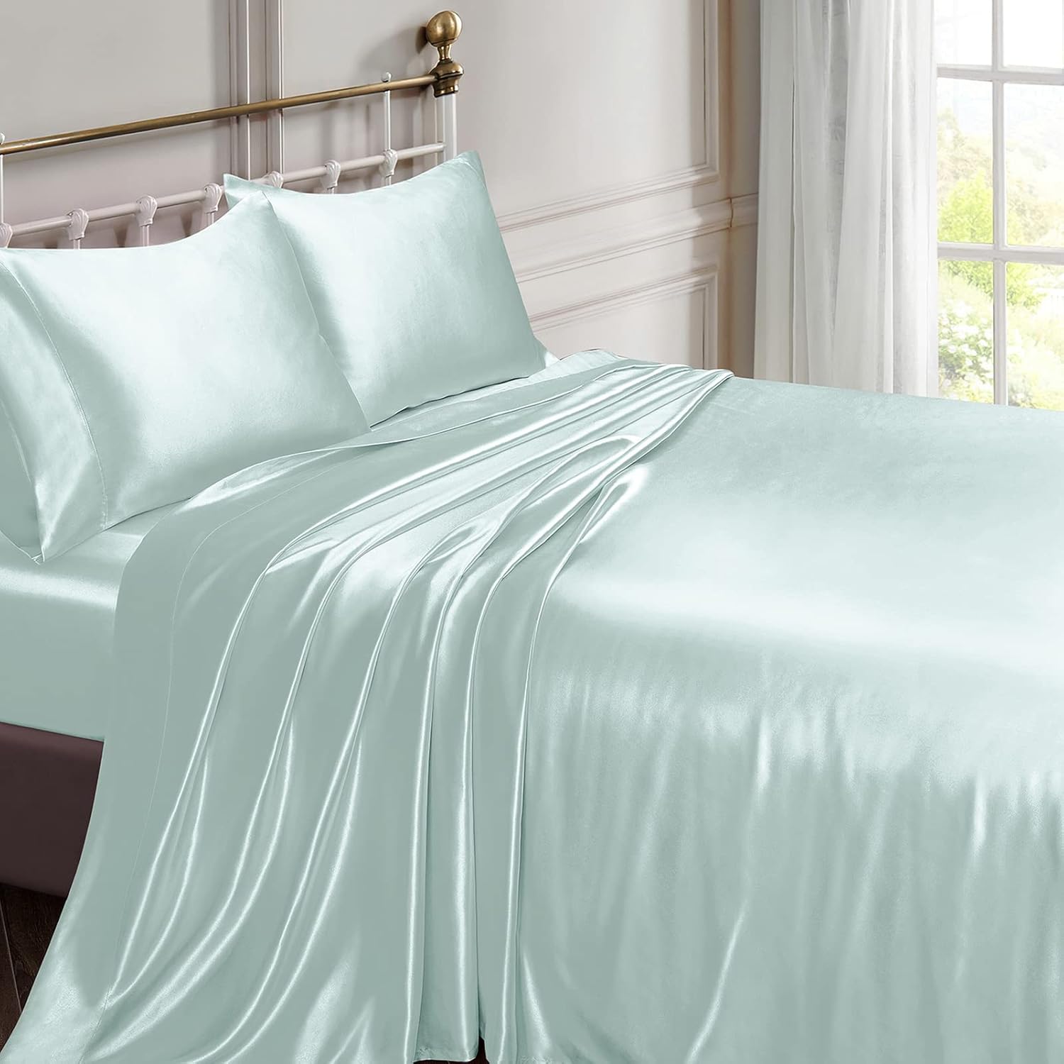 vonty satin sheets full silky soft satin bed sheets ice blue sheet set, 1 deep pocket fitted sheet + 1 flat sheet + 2 pillowcases full ice blue