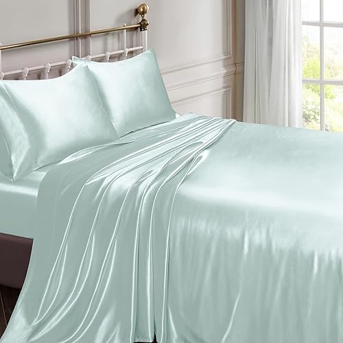 Miniatura 2 de Vonty - Juego de sábanas de satén, sedosas, tamaño matrimonial, color azul hielo, 1 sábana bajera con bolsillo profundo + 1 sábana encimera + 2
