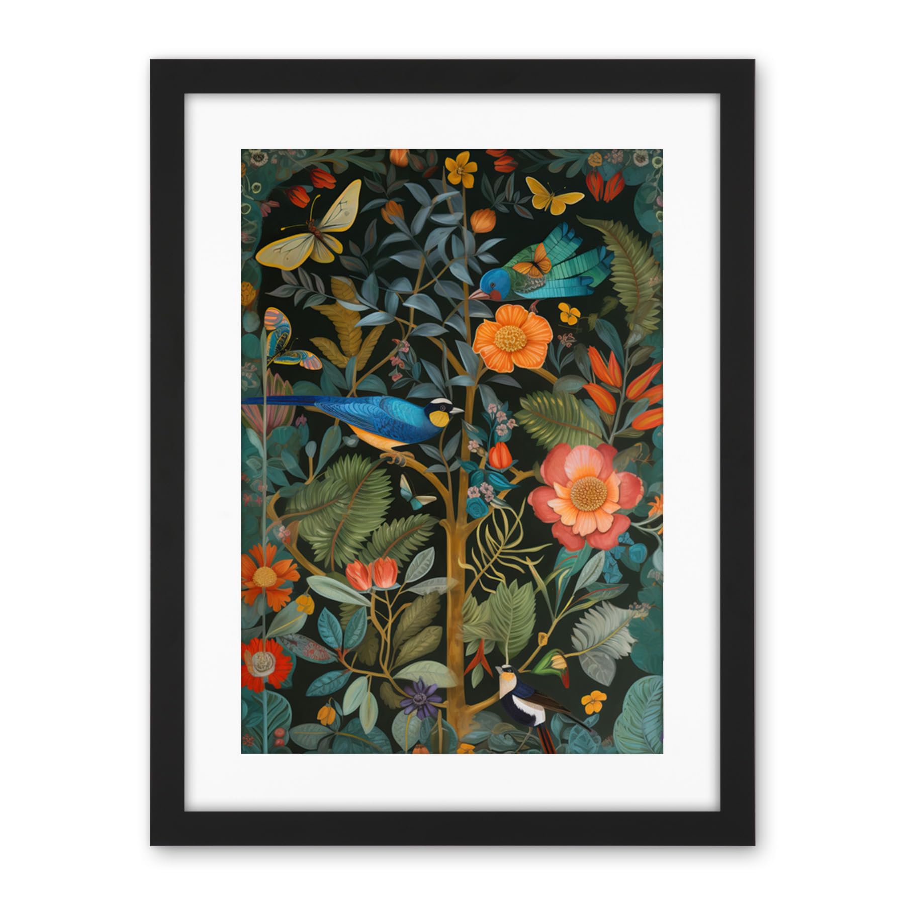 Artery8 Birds and Butterflies Modern Flower Art Nouveau Artwork Framed Wall Art Print 18X24 Inch