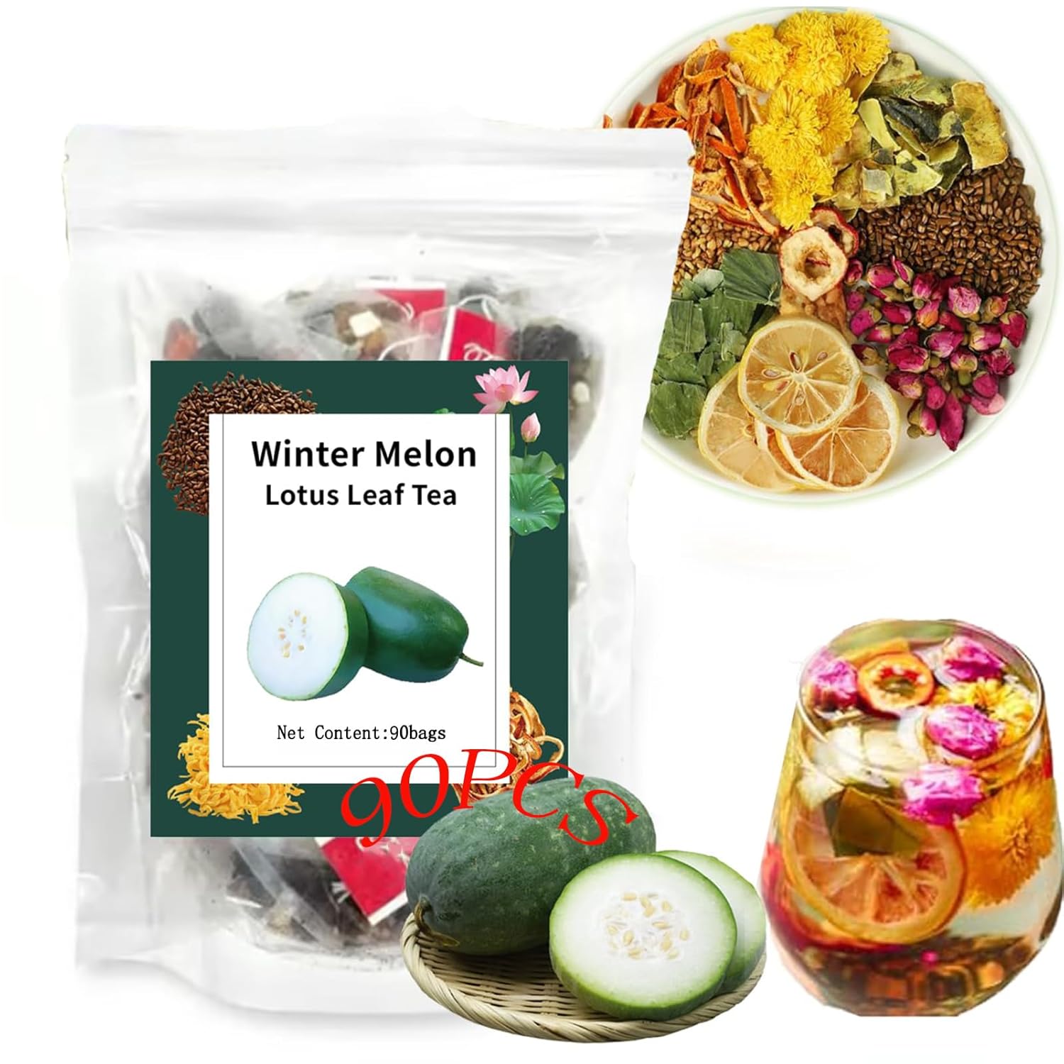 90 bags Winter Melon Lotus Leaf Tea,Chrysanthemum Wax Gourd Lotus Leaf Herbal 𝐓𝐞𝐚,Lotus Flower Hawthorn Dried Orange Peel Rose (3pcs)