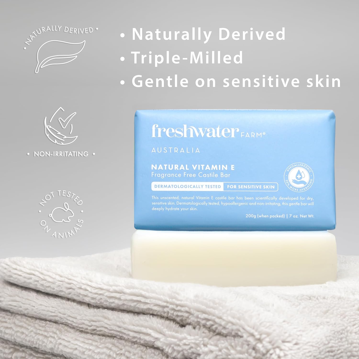 Freshwater Farm Australia Soothing Castile Natural Body Bar/Soap Bar for Women/Men- Moisturising Natural Vitamin E Soap. Nourishing Essential Oils For Dry, Sensitive Skin-200g x 8 Pack