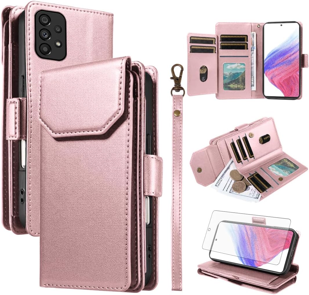 Asuwish Phone Case for Samsung Galaxy A53 5G Cell Wallet Cover with Tempered Glass Screen Protector Flip Credit Card Holder Slot Stand A 53 G5 53A SM A536U 6.5" 2022 Women Men Pink