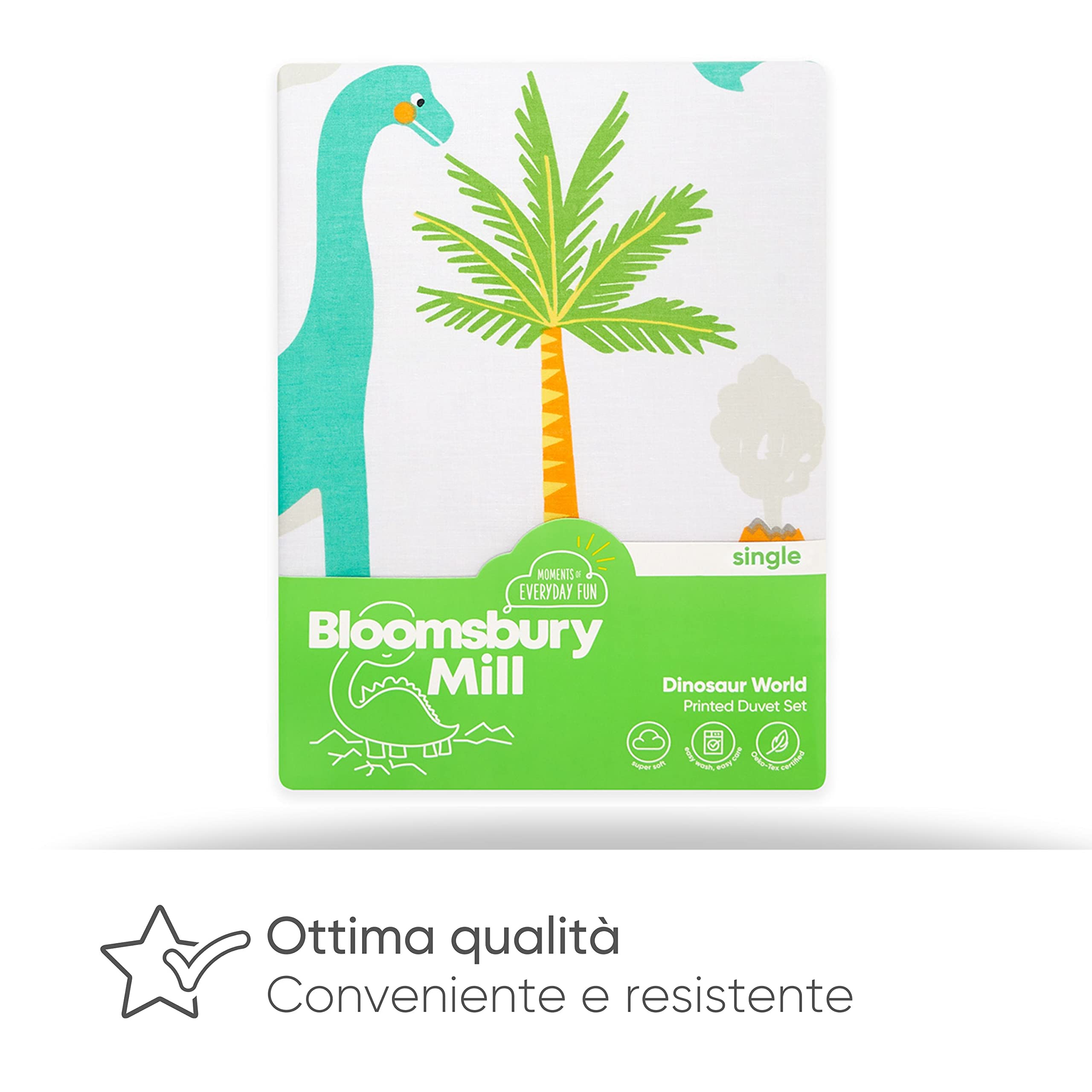 Bloomsbury Mill - Set Copripiumino Singolo Dinosauri World - Lenzuola Jurassic Dino Letto Singolo Reversibile Per Ragazzi e Ragazee - Set di biancheria da letto per bambini - 135 cm x 200 cm e Federe