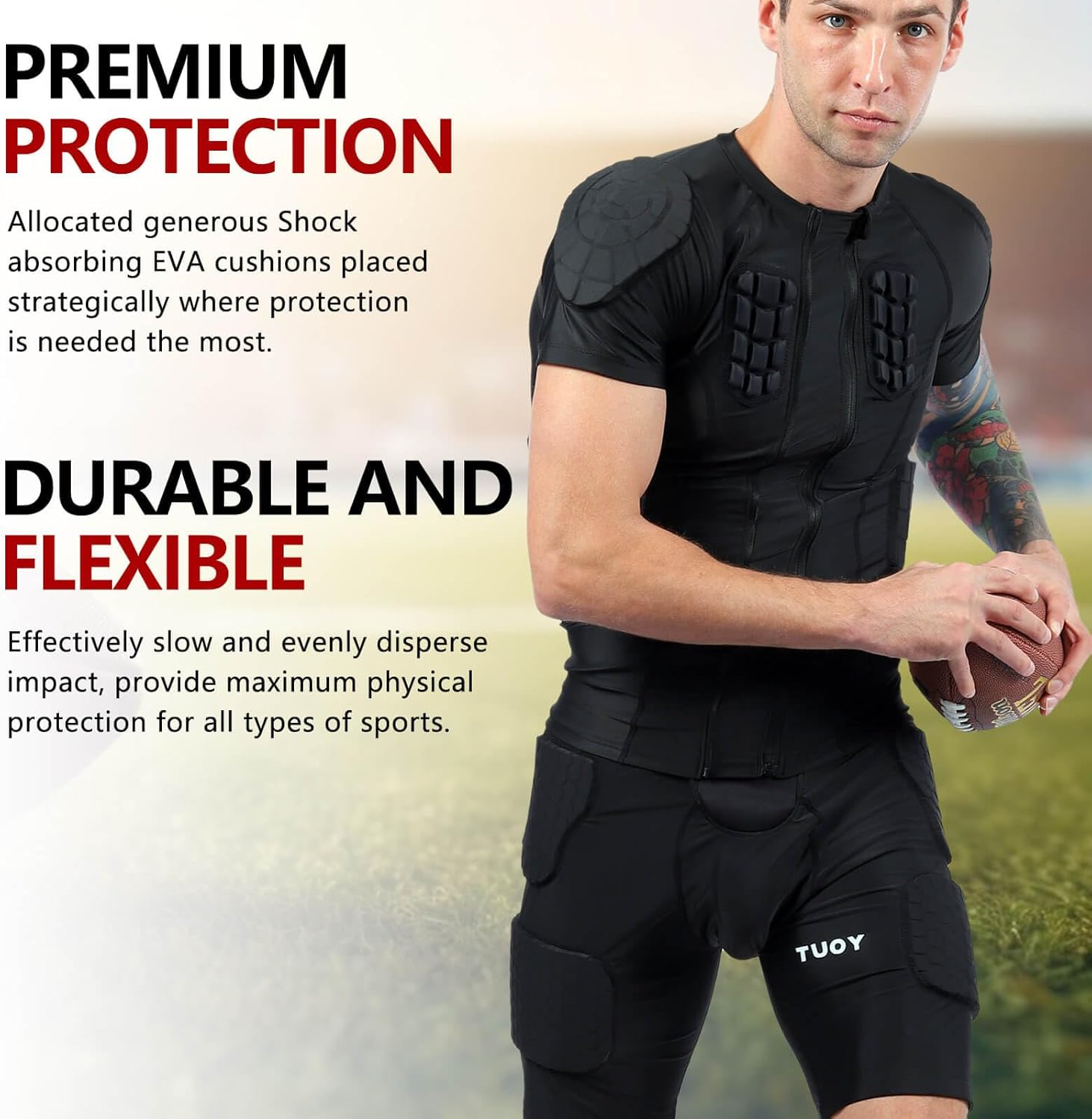 TUOY Men's Padded Compression Shirt Protective Shirt Rib Chest Protector for Football Paintball Baseball