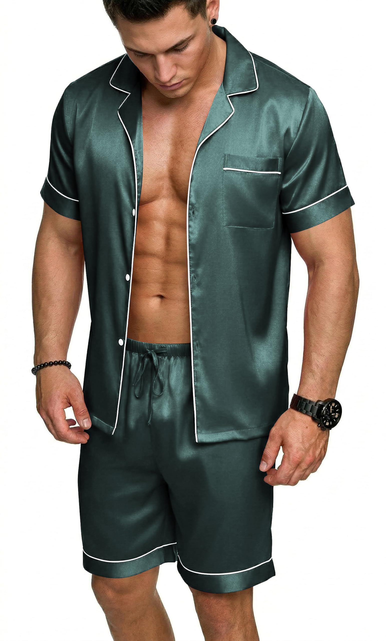 Ekouaer Mens Silk Satin Pajamas Set, Short Sleeve Sleepwear Lightweight Button Up Lounge Pjs Set with Pockets S-4XL — view 23