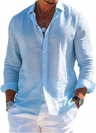Elonglin Mens Casual Cotton Summer Beach Shirts Long Sleeve Button Down Shirts