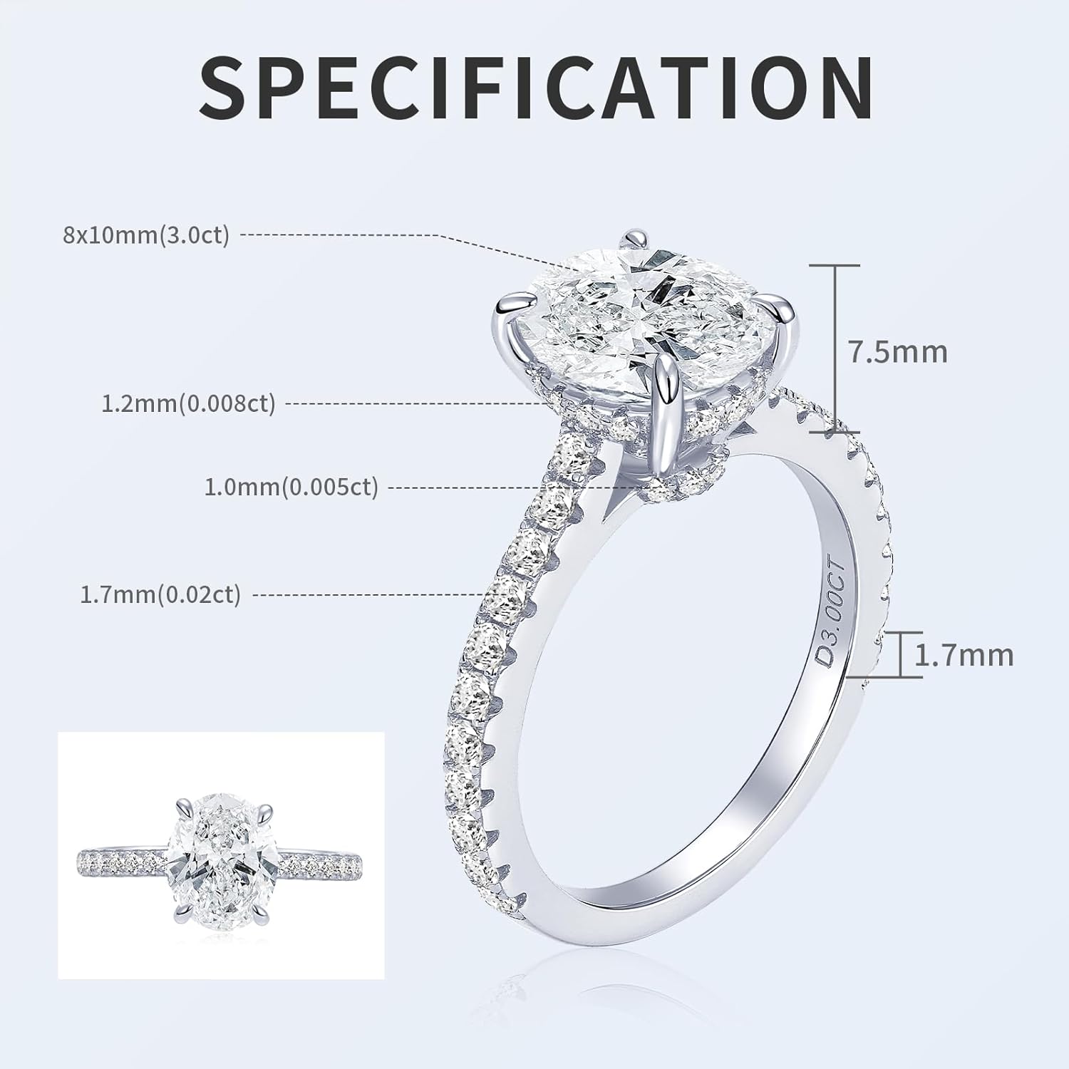 3CT Oval Cut Moissanite Engagement Ring, D Color Oval Cut VVS1 925 Sterling Silver Classic 4 Prong Ring Gifts for Women Anniversary Wedding Birthday Gifts - Image 3