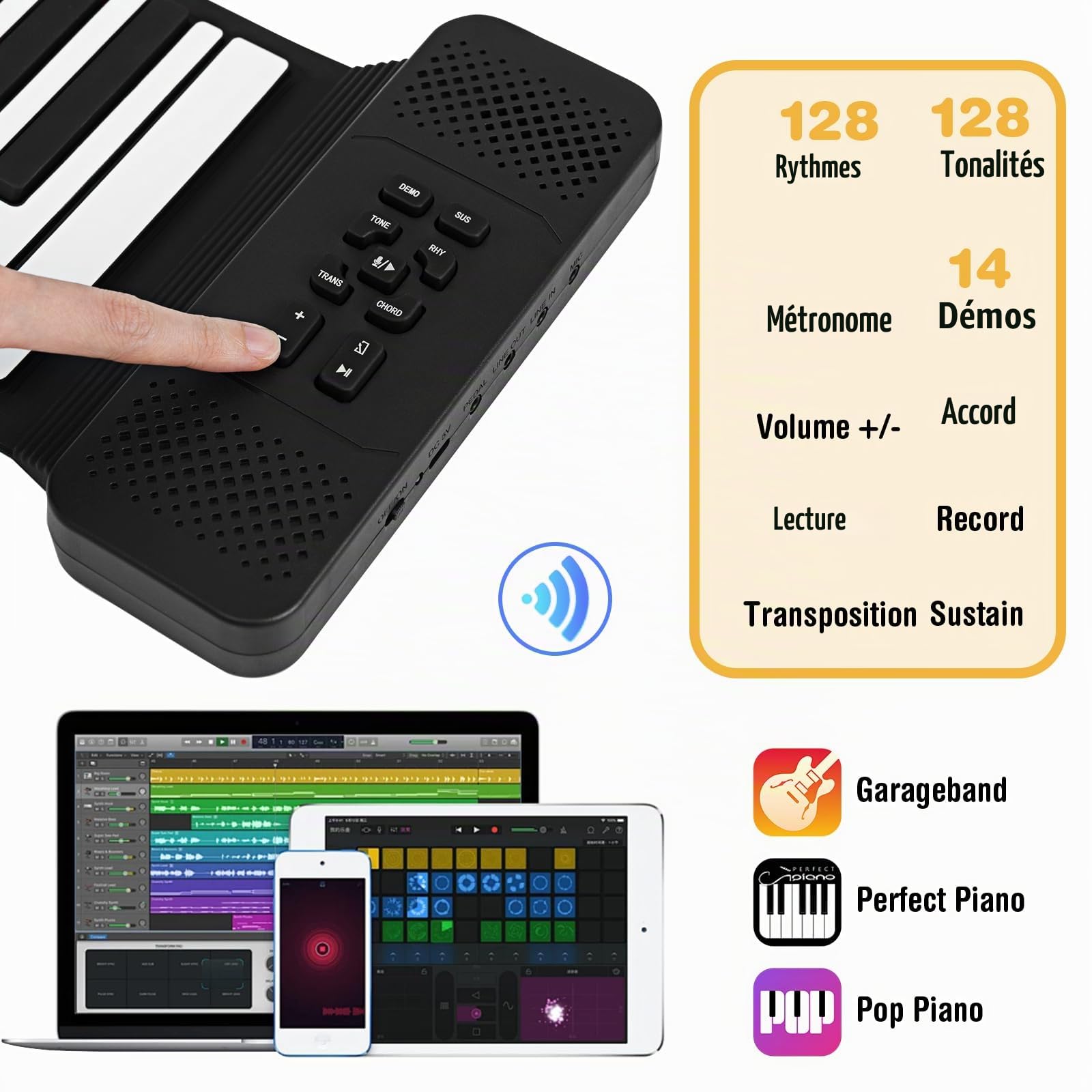 KOMFOTTEU Piano Numérique Enroulable 88 Touches, Piano Électroniques Pliable avec 128 Rythmes & Sons, 14 Démonstrations, Clavier de Pianos avec fonction MIDI, 133 x 20 x 2,5 cm