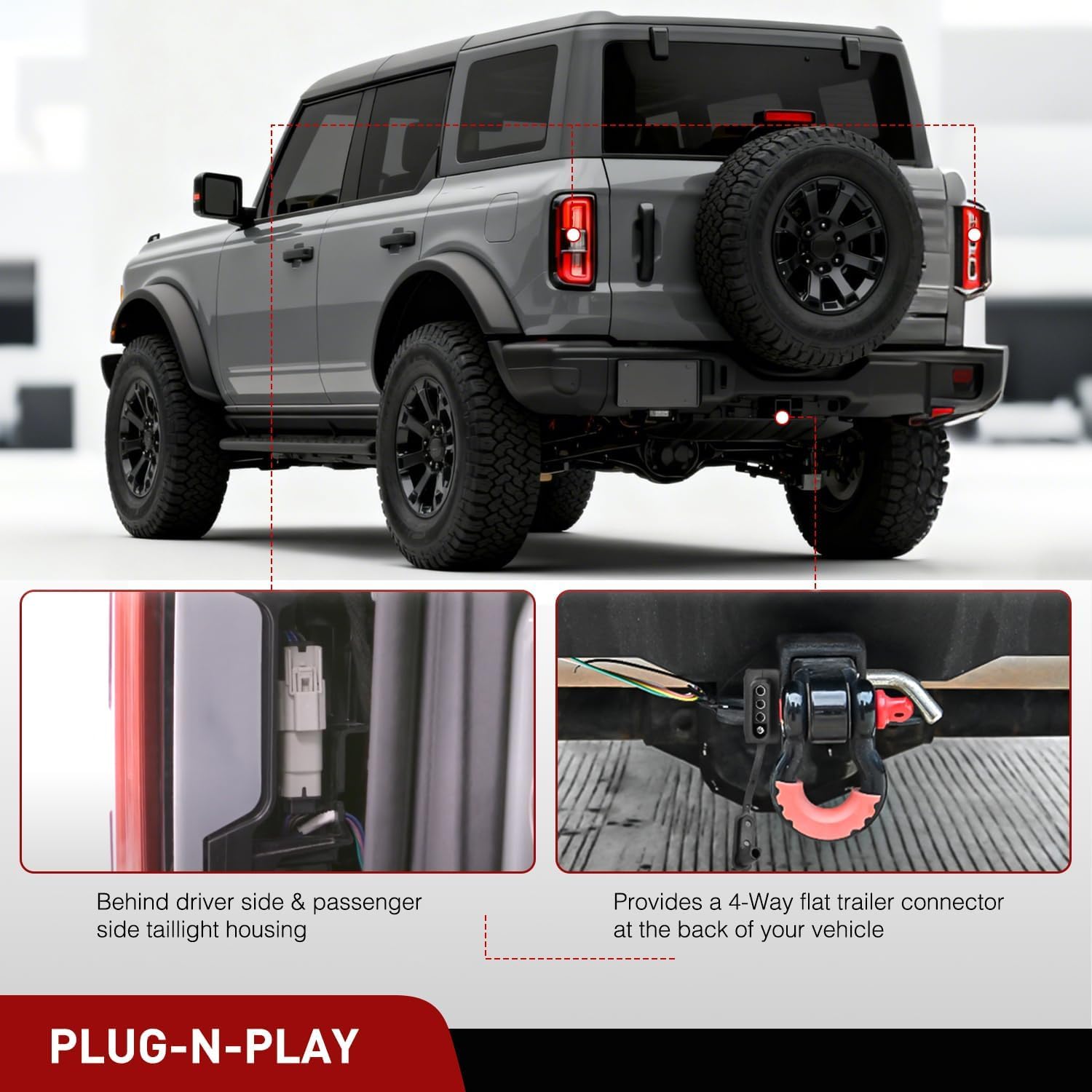 Nilight 4 Pin Trailer Wiring Harness Kit 56471 Vehicle Standard 4 Way Connector Custom for 2021 2022 2023 2024 Ford Bronco Without w/o LED taillights Simple Fit Tow Hitch