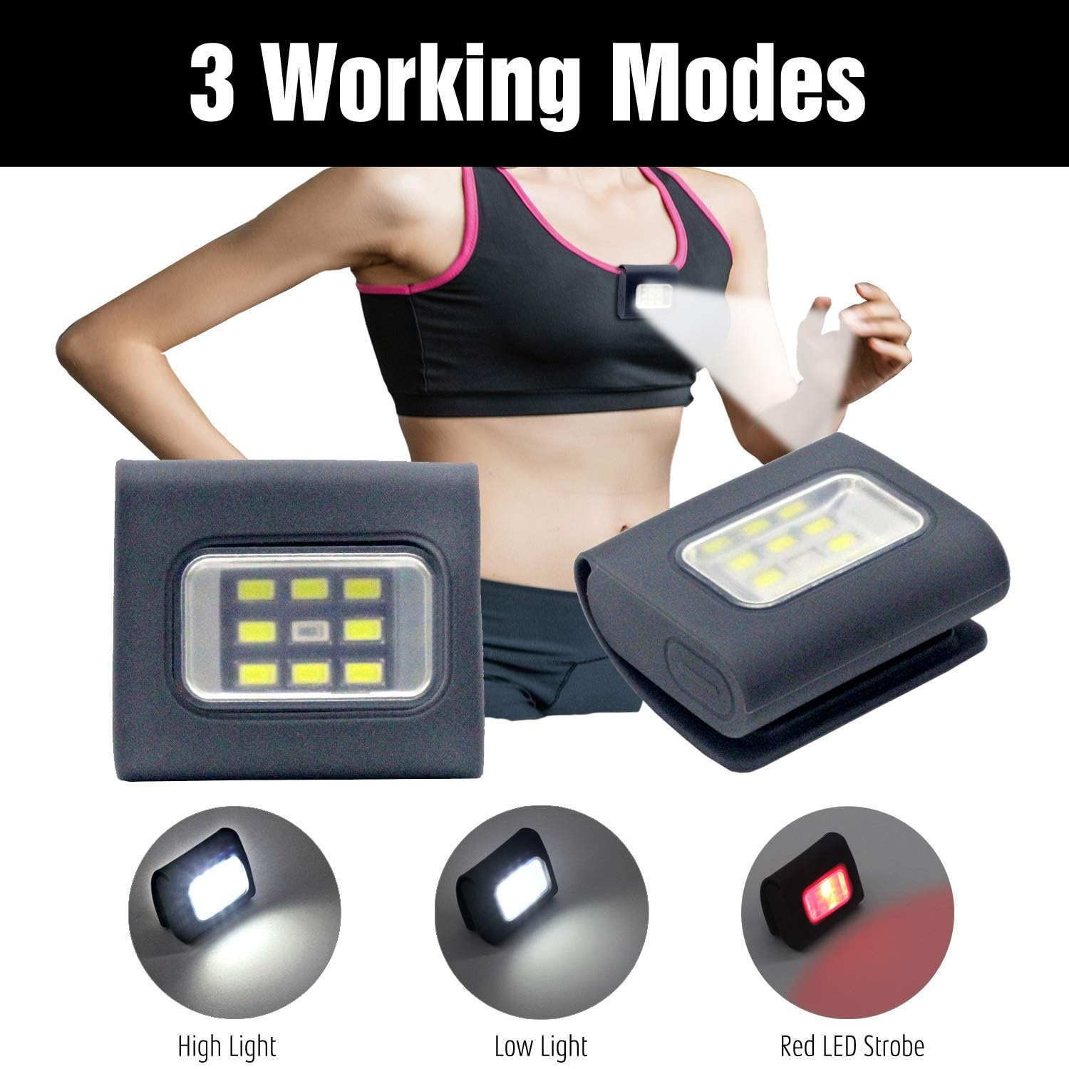 HOKOILN Lot de 2 lampes de course de nuit d'extérieur à DEL pour coureurs avec batterie rechargeable pour camping, randonnée, course à pied, jogging, aventure en plein air (gris)
