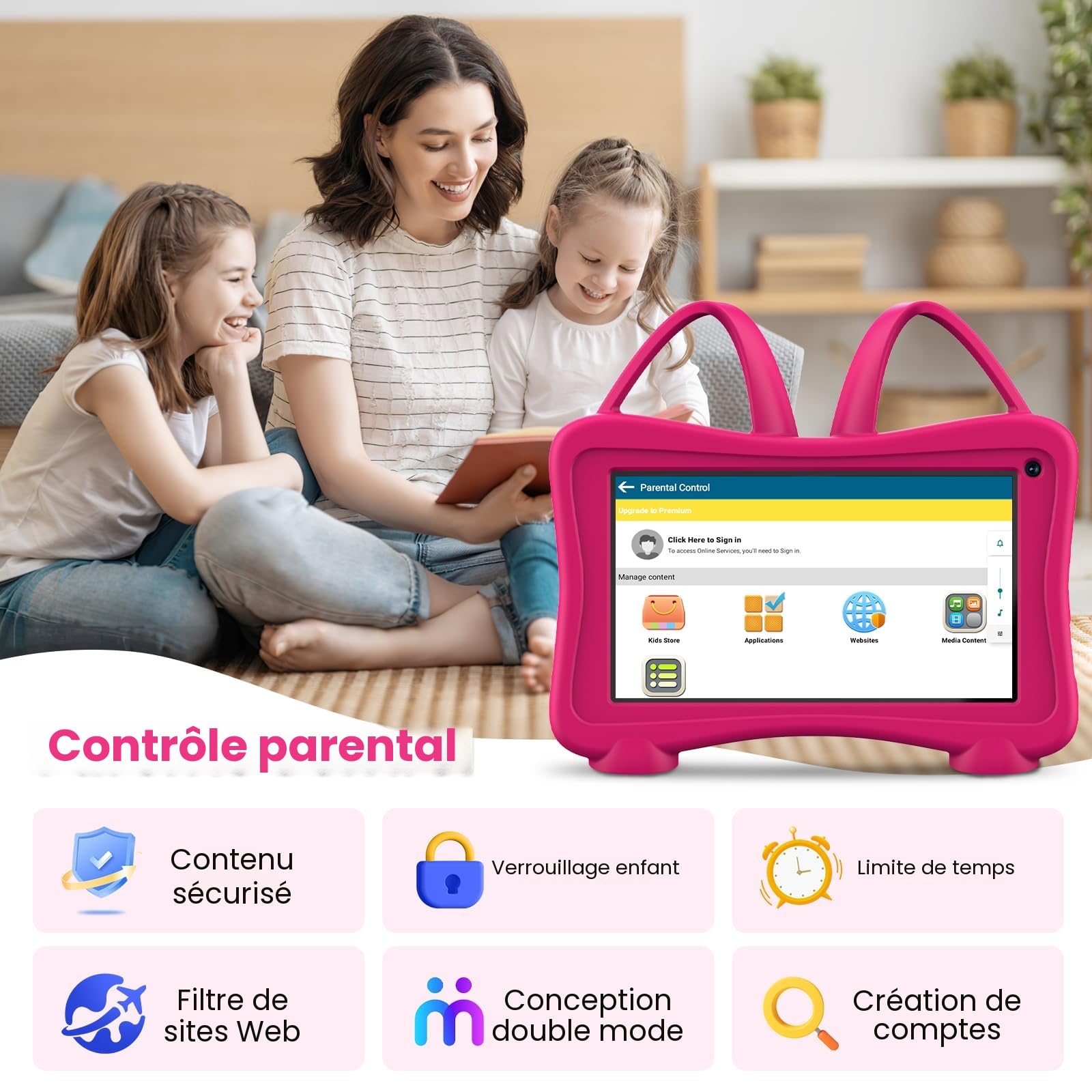 Tablette Enfants 7 Pouces Android éducative Enfant Applications Pré-Installé 32 GO ROM 64 GO Extension, Tablette pour Enfant avec Kid-Proof Étui WiFi Double caméra Contrôle Parental