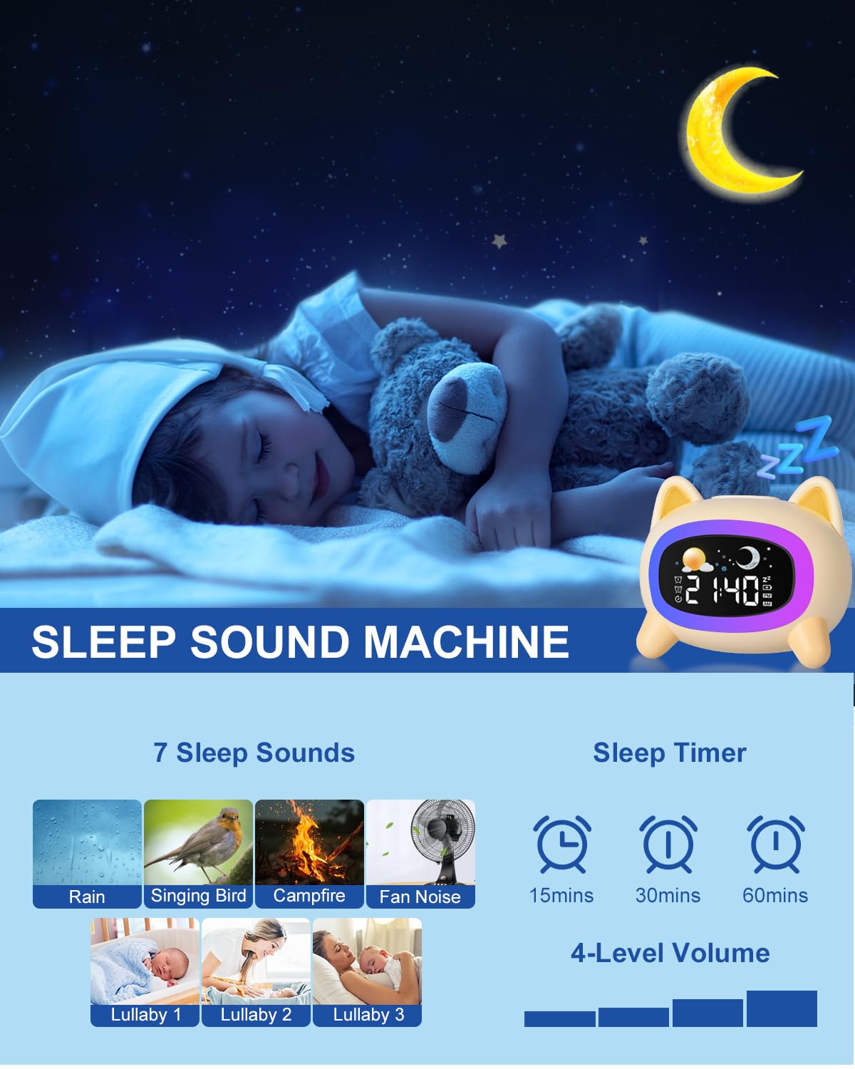 Uplayteck Sveglia Digitale da Comodino per Bambini con Luce Notturna Ricaricabile Funzione Snooze, con 2 Allarme, 4 Livelli di Luminosità, Orologio a LED