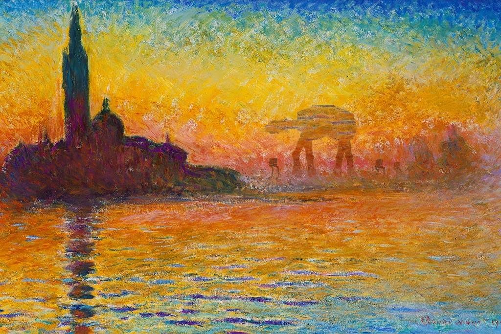 Claude Monet パロディアートユーモアポスター ヴェネツィアの夕暮れの帝国アサルトのラミネート加工 16x24
