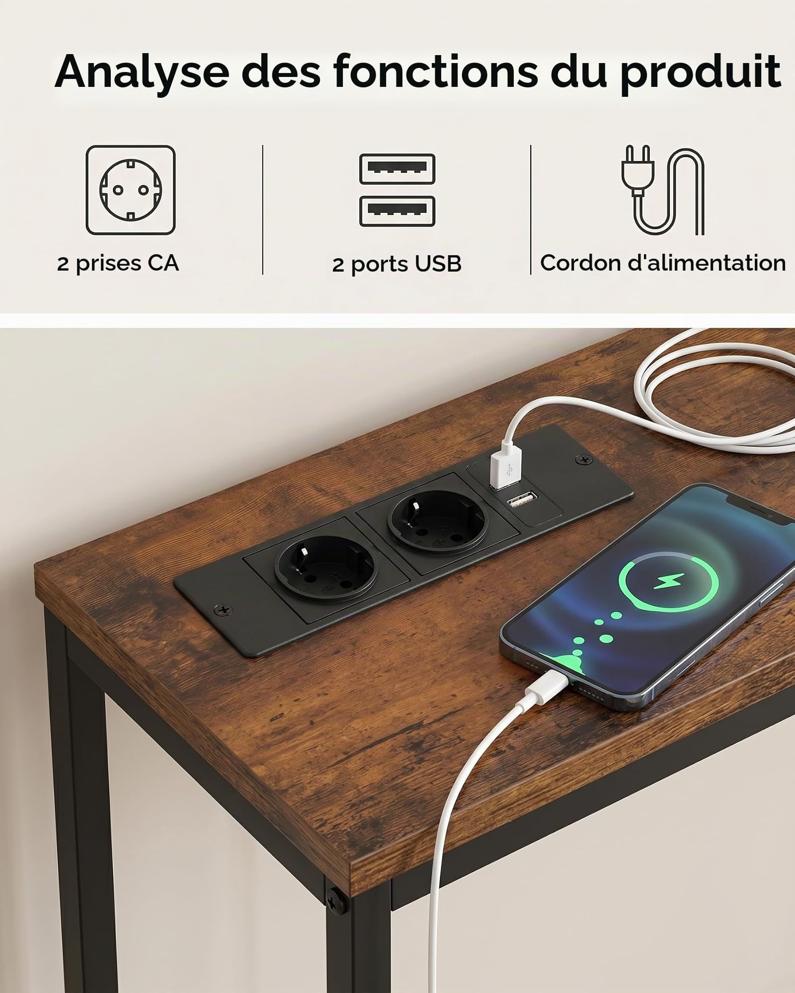 Meuble Entree Couloir Industriel Bois, Console Meuble, Console Entree Bois avec 2 Prises et 2 Ports USB(160 x 20 x 80.5 cm)