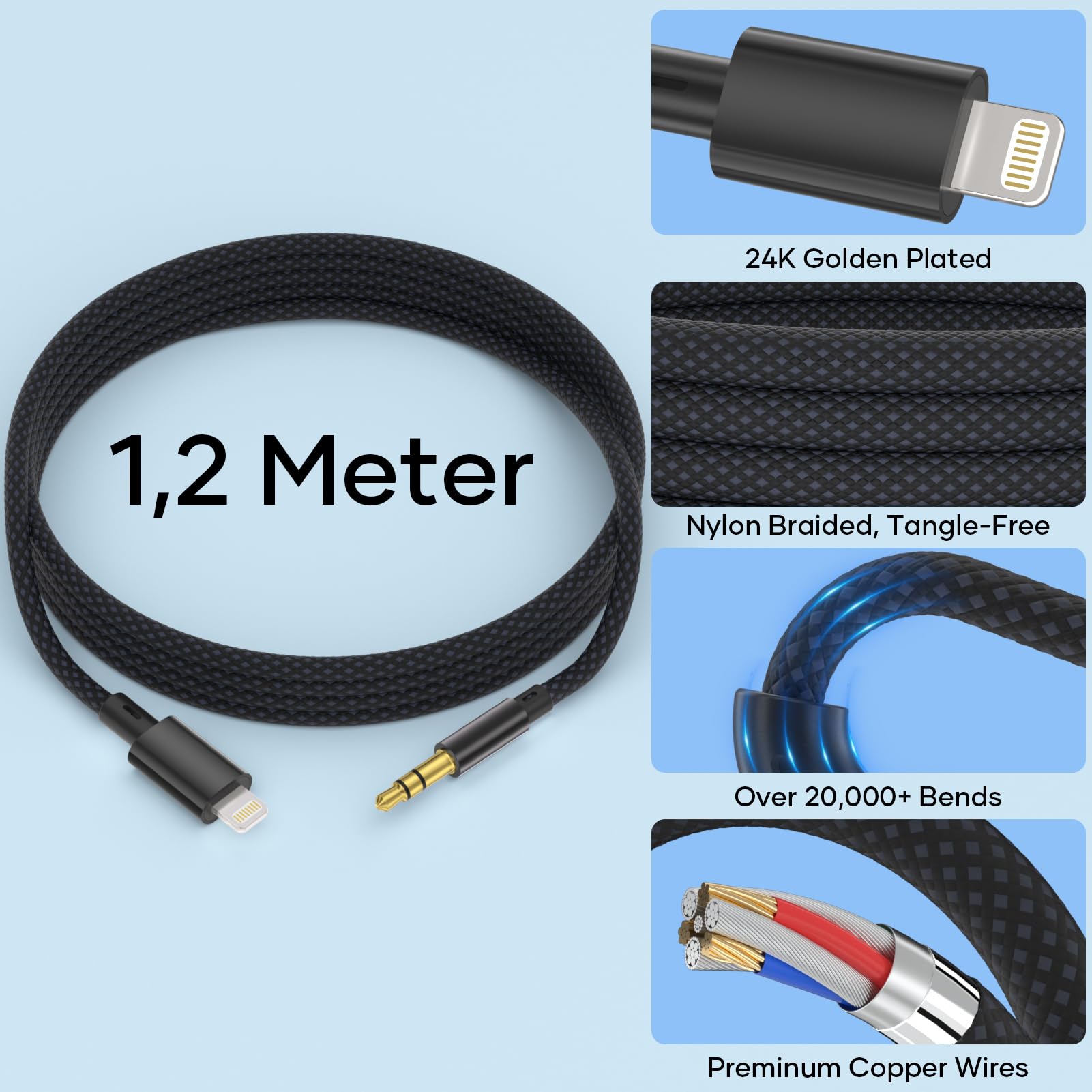 Cable Jack i Phone 1,2M Cable i Phone Jack 3.5mm Aux [Certifié MFi] Lightning Audio Câble Auxiliaire Voiture Compatible avec iPhone 14/13/12/11 pour Autoradio/Casque/Enceinte, Noir
