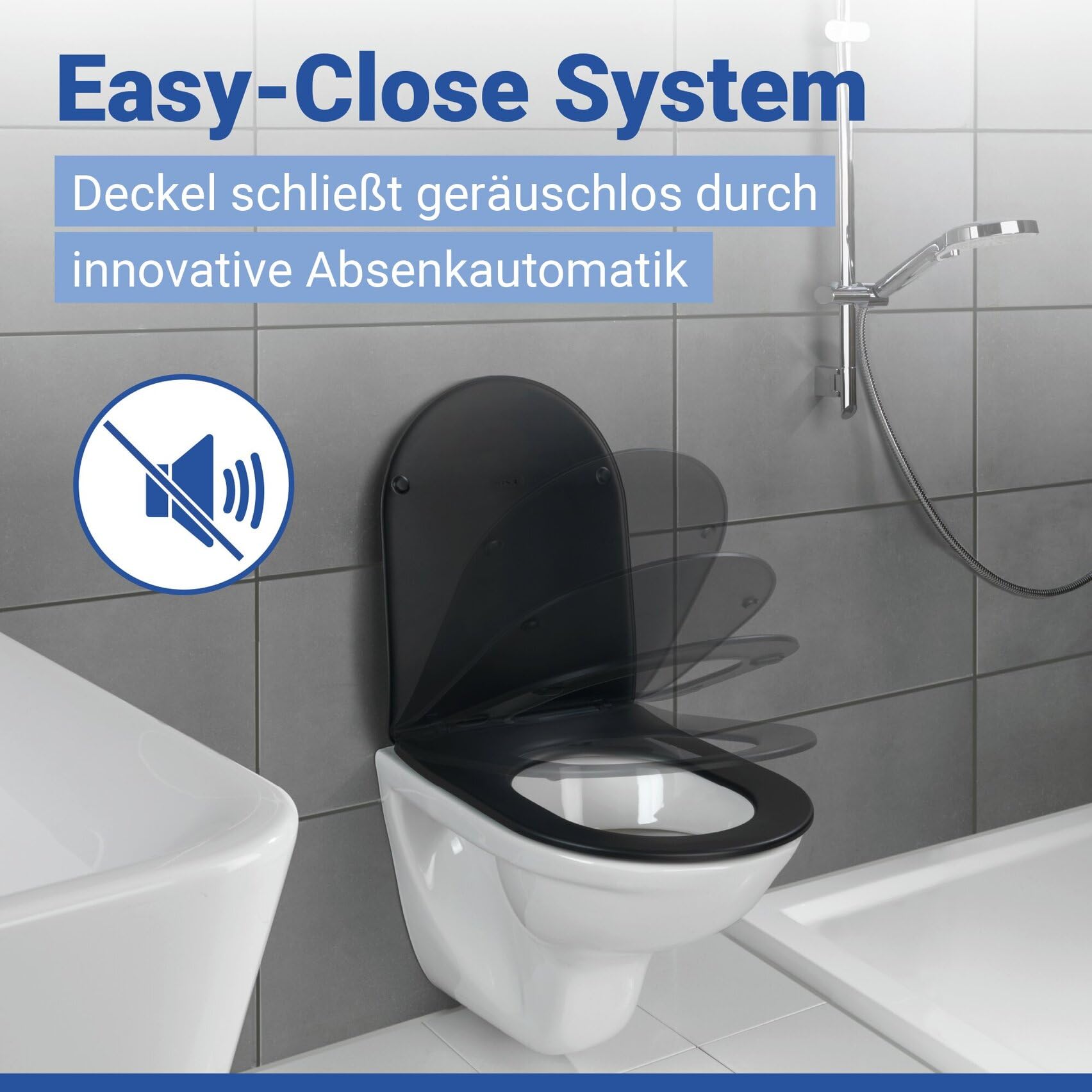 WENKO WC Sitz in D Form mit Absenkautomatik, ultraflach, belastbar bis 175 kg, abnehmbarer Toilettendeckel, Klodeckel aus antibakteriellem Duroplast, einfache Montage, Mod. Galati, schwarz matt