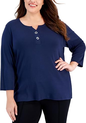 Karen Scott Womens Plus Cotton Toggle Button Neck Blouse