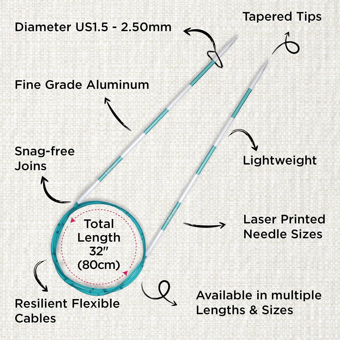KnitPro Smartstix Fixed Circular Needles 32" (80cm) | US Size 1.5 (2.5mm)