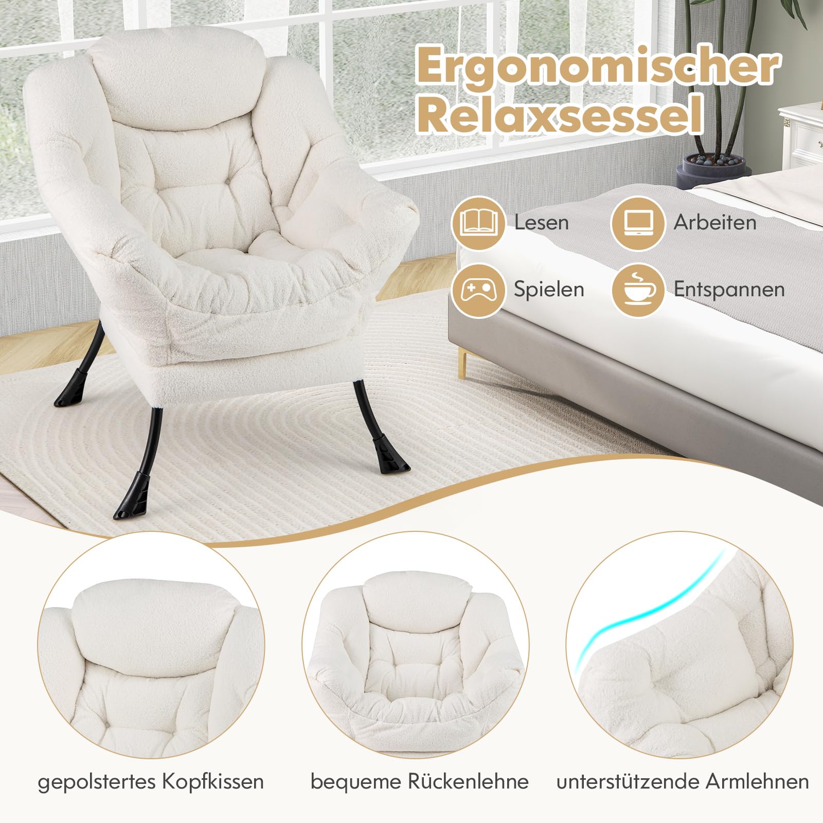 COSTWAY fotel tapicerowany, fotel relaksacyjny z podłokietnikami i boczną kieszenią, fotel do salonu, fotel telewizyjny, fotel do salonu, do sypialni, do biura (Beige)