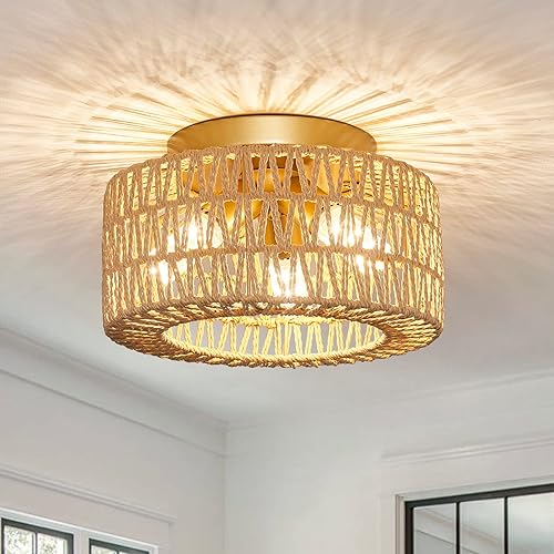 Rattan Light Fixtures Ceiling Mount, 3-Lights Boho Flush Mount Ceiling Light, Hand-Woven Cage Shade Lamp Lighting, Rustic Rattan Chandelier for Hallway Bedroom Kitchen Farmhouse Foyer Entryway (Gold)