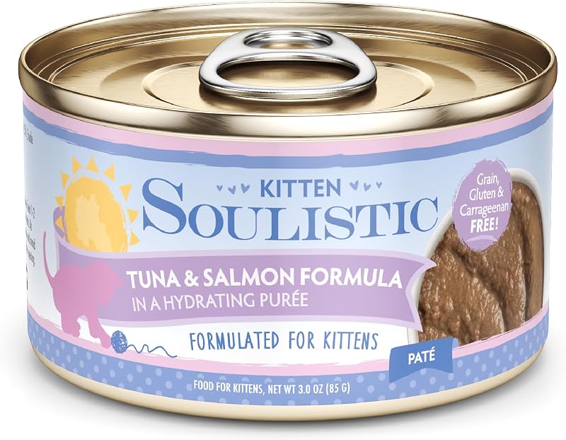 Ração úmida para gatos filhotes Soulistic com atum e salmão em purê hidratante, 85 g, pacote com 12