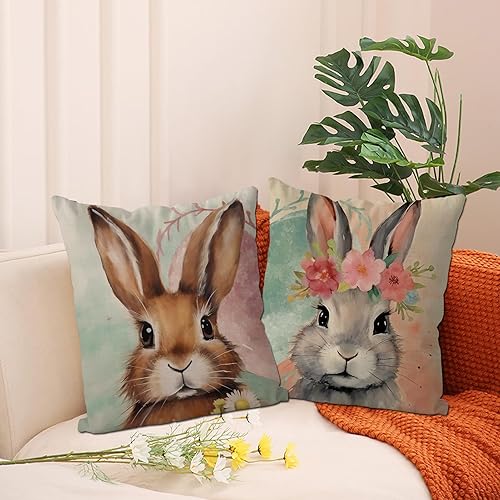 Miniatura 2 de GAGEC Juego de 2 fundas de almohada de Pascua de 18 x 18 pulgadas, diseño floral, conejos, huevos de Pascua, decoración para sofá, dormitorio, sala