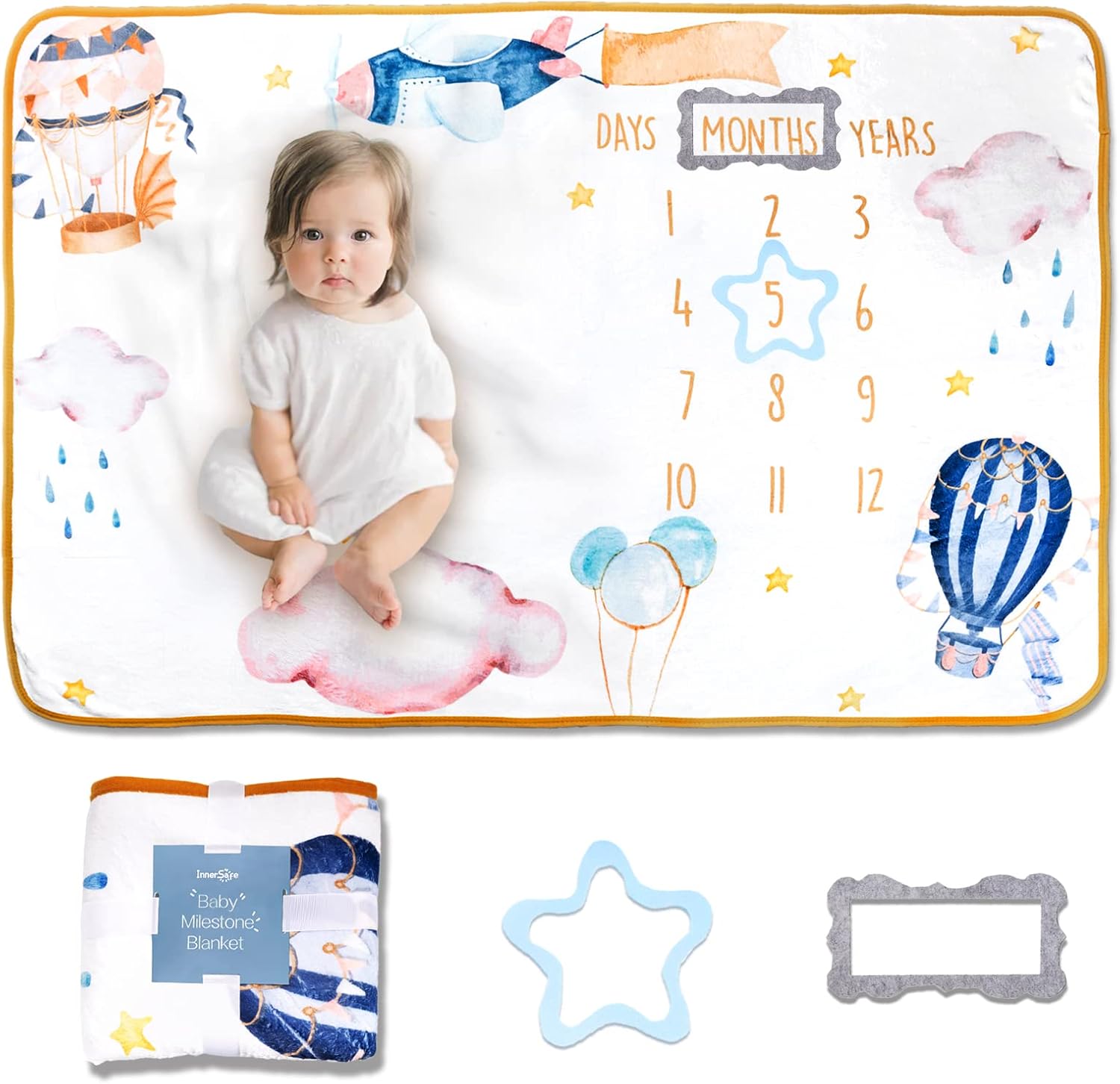 Baby Milestone Blanket| Original Design Baby Monthly Milestone Blanket Boy Girl| Newborn Baby Photography Props Blanket| 60'x40' Hot-air Balloon