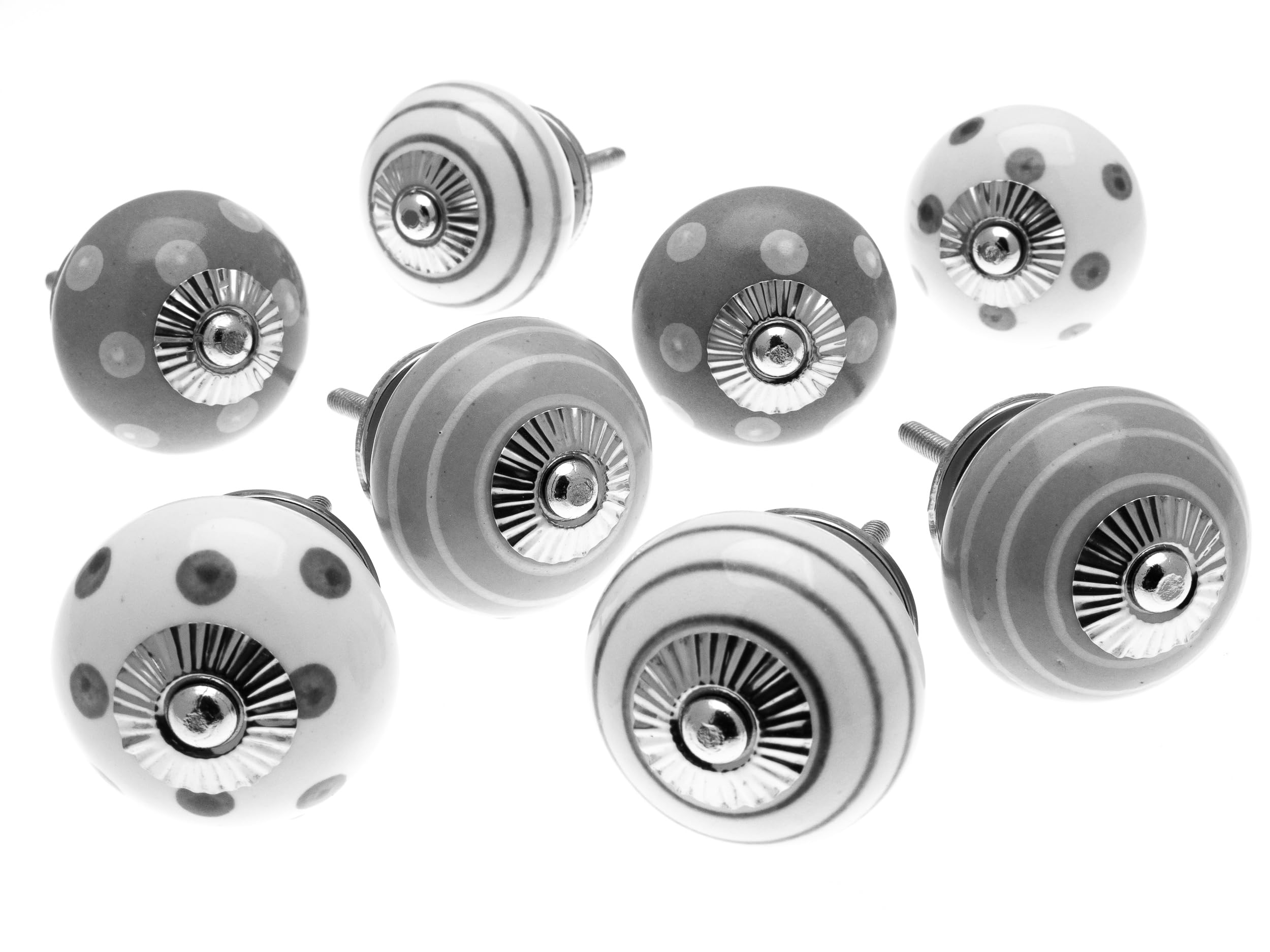 Mango Tree Grey Cupboard Knobs - Decorative Whisper And White With Dots, Spots And Stripes Ceramic Door And Drawer Handles – Vintage Home Décor Set Of 8