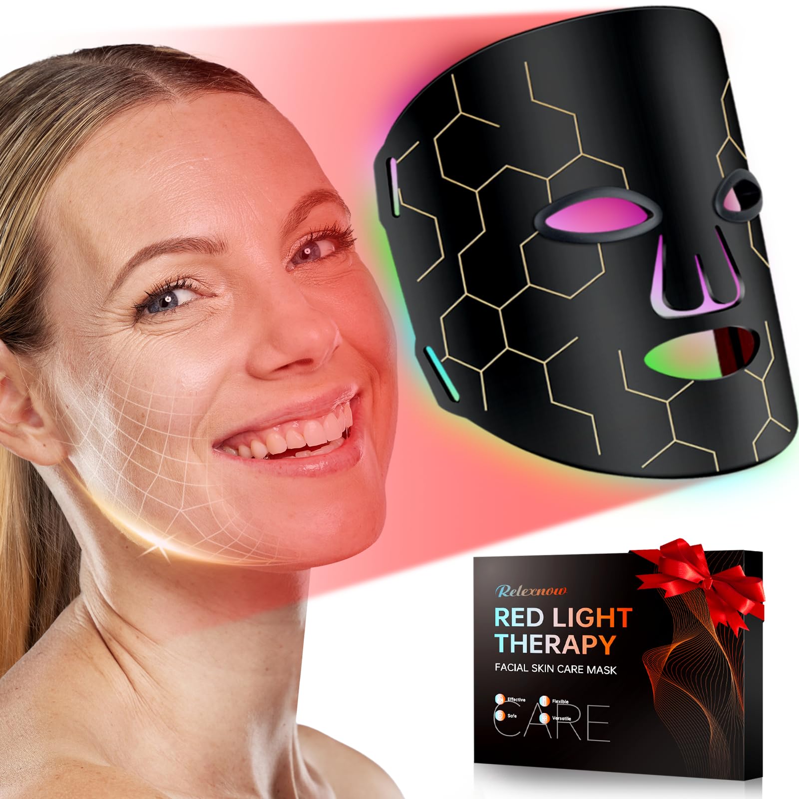 Red Light Therapy for Face, 7+1 Colors Red Light Therapy Mask Portable and Rechargeable at Home, 660nm&850nm Infrared Light Therapy Face Mask with Timer Remote Control, Relife, Active