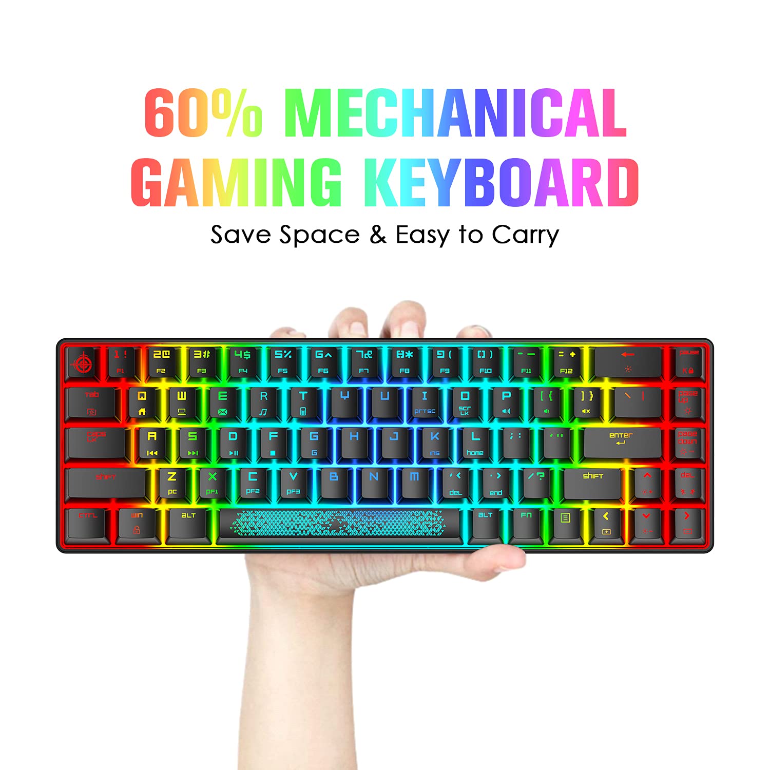 60% True Mechanical Gaming Keyboard Type C Wired 68 Keys Black/Blue Switch Pro