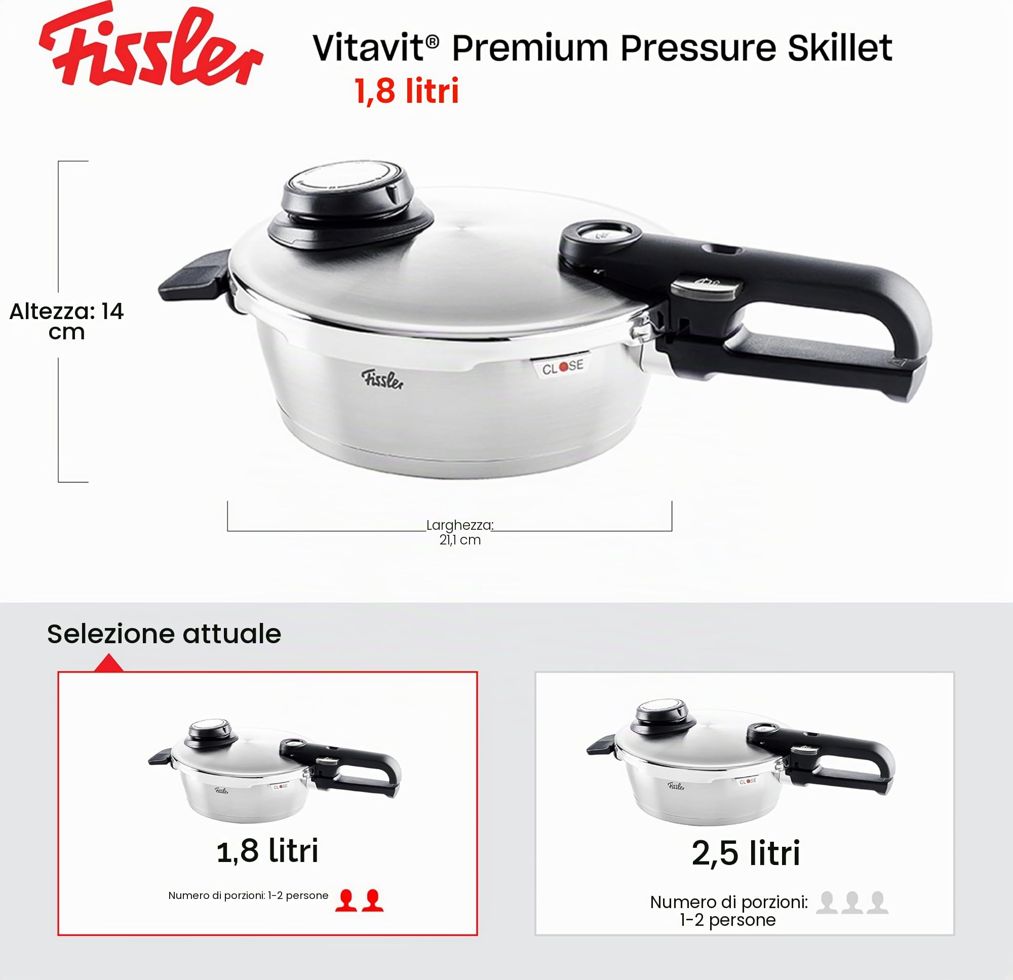 Fissler Vitavit Premium Pentola a pressione in acciaio inox 1.8 L, 18 cm, 4 livelli di cottura, incluso inserto, adatta a fornelli a induzione