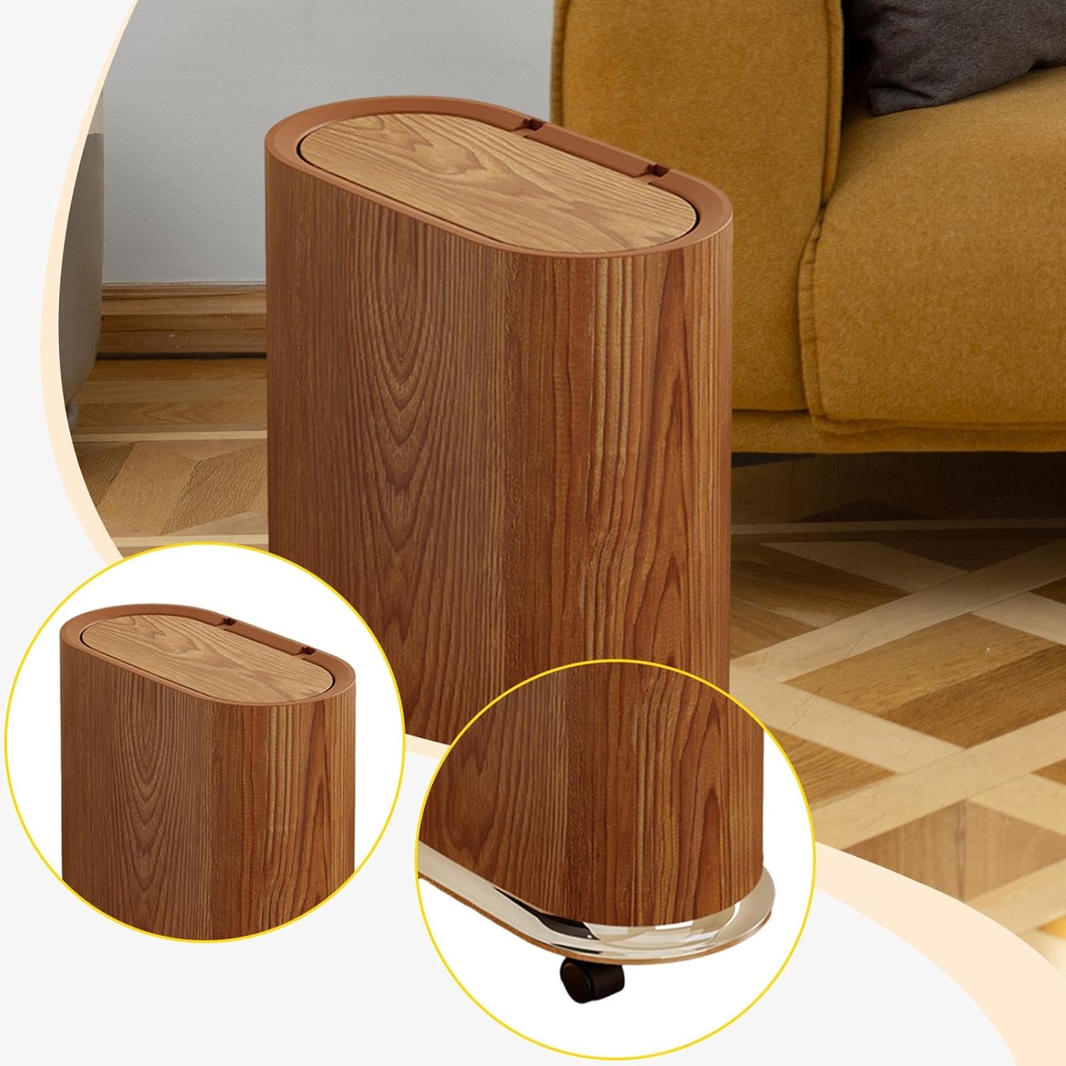 Fenteer Trash Bin with Removable Wheels Trash Can, Practical Narrow Space Saving Waste Bin, Garbage Can for Living Room Kitchen, Brown
