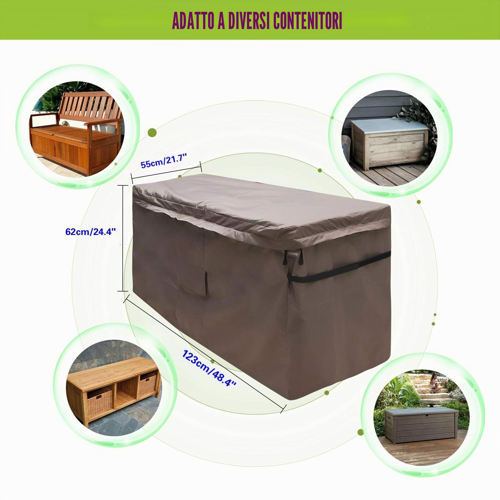Copertura Impermeabile per Baule da Giardino, Telo di Protezione per Contenitore da Esterno con Foro di Ventilazione e Coperchio con Cerniera, 420D Oxford Marrone (123 x 55 x 62 cm)