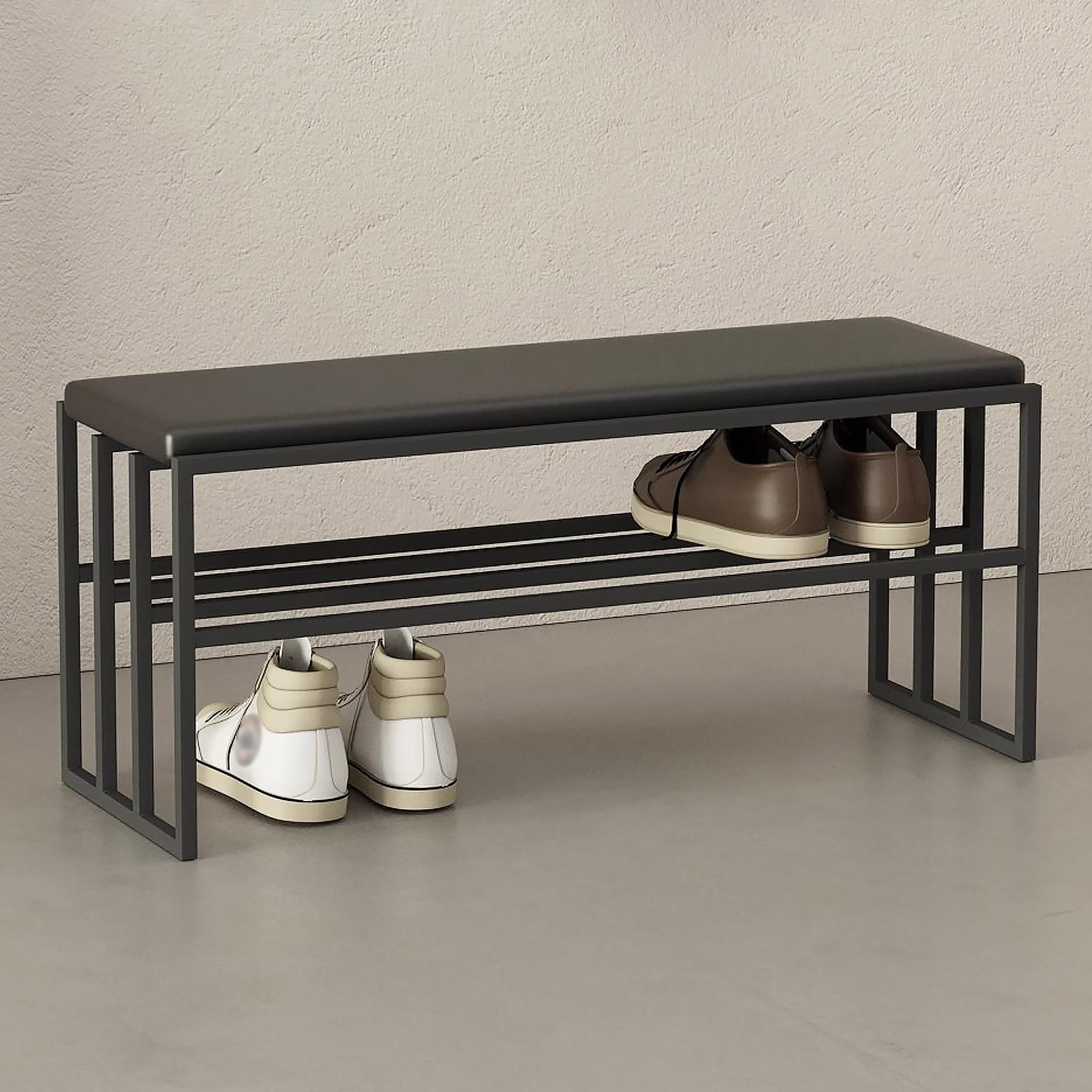 Banc à chaussures d'entrée en cuir PU et métal robuste