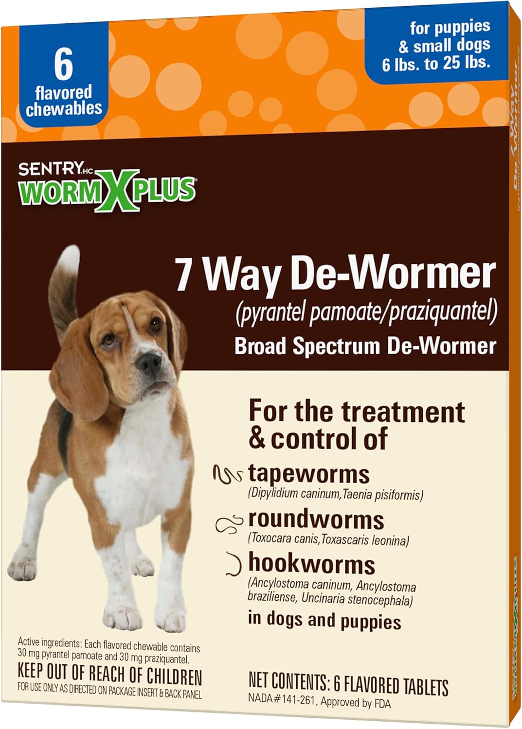SENTRY HC WORM X PLUS 7 Way De-Wormer (pyrantel pamoate/ praziquantel), for Puppies and Small Dogs, 6-25 lbs, Chewable, 6 Count : Pet Supplies