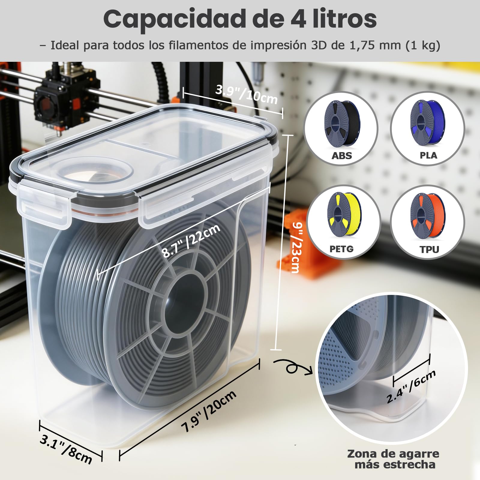 Caja de almacenamiento de filamentos, 6 unidades, caja de filamentos para impresión 3D, sellado y protección, resistente al agua y al polvo, con desecante y etiquetas, 4,0 L