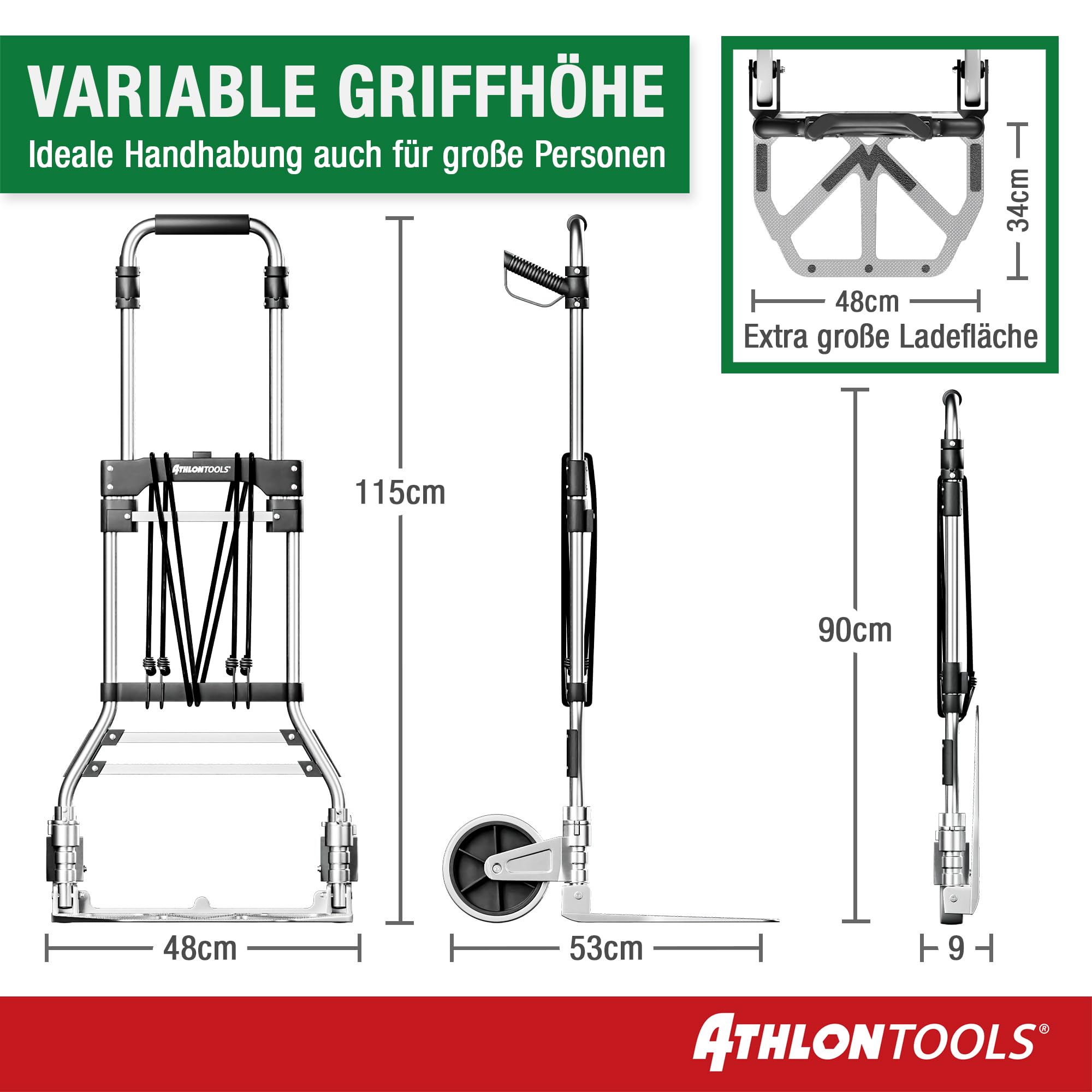 ATHLON TOOLS Schwerlast Sackkarre klappbar 150 kg TÜV GS-geprüft – Langer Teleskopgriff 115 cm, Soft-Laufräder, inkl. 2 Expanderseile - Sackkarre klappbar Alu kompakt & leicht