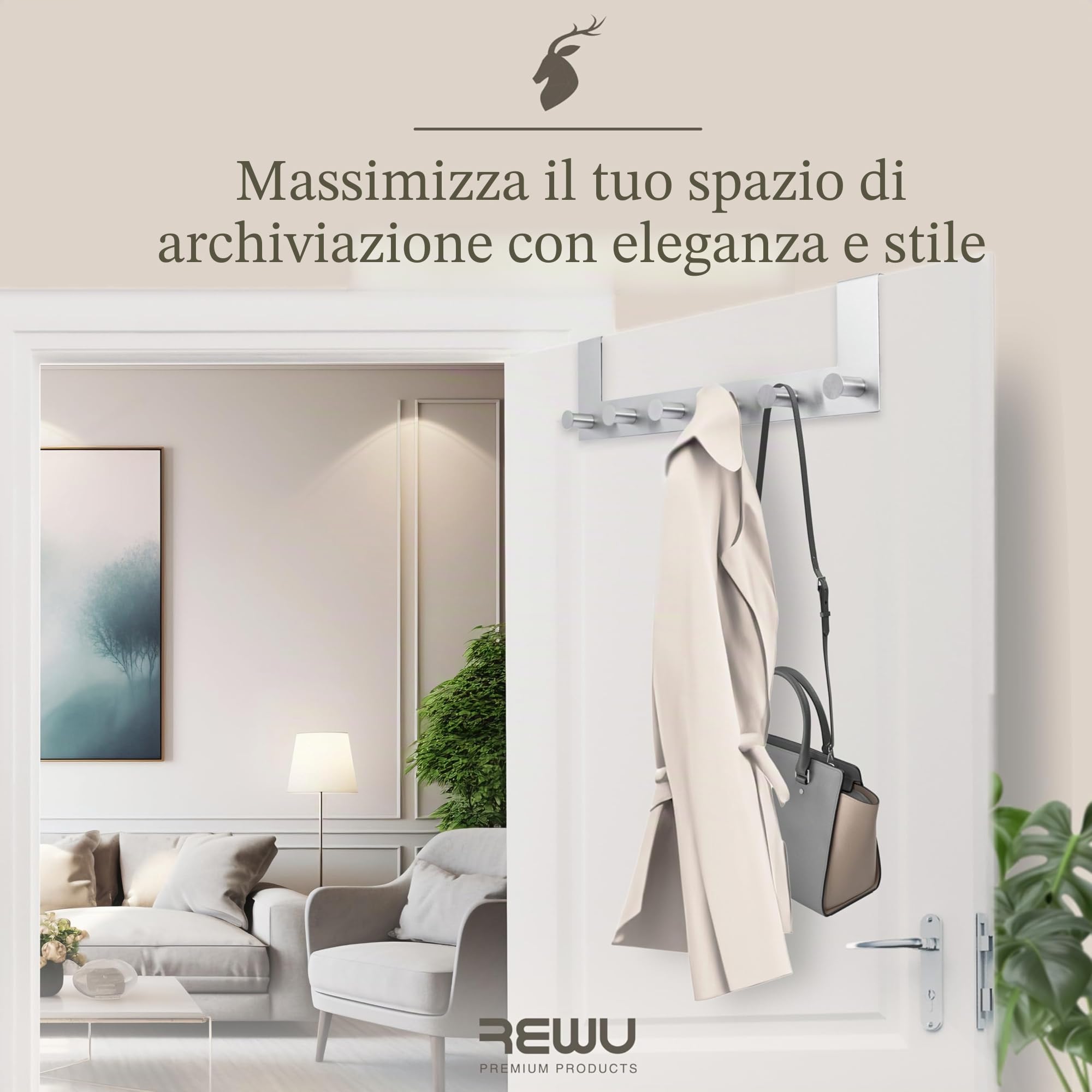 Appendiabiti da porta in acciaio inox con 6 ganci 39 x 11 x 8 cm
