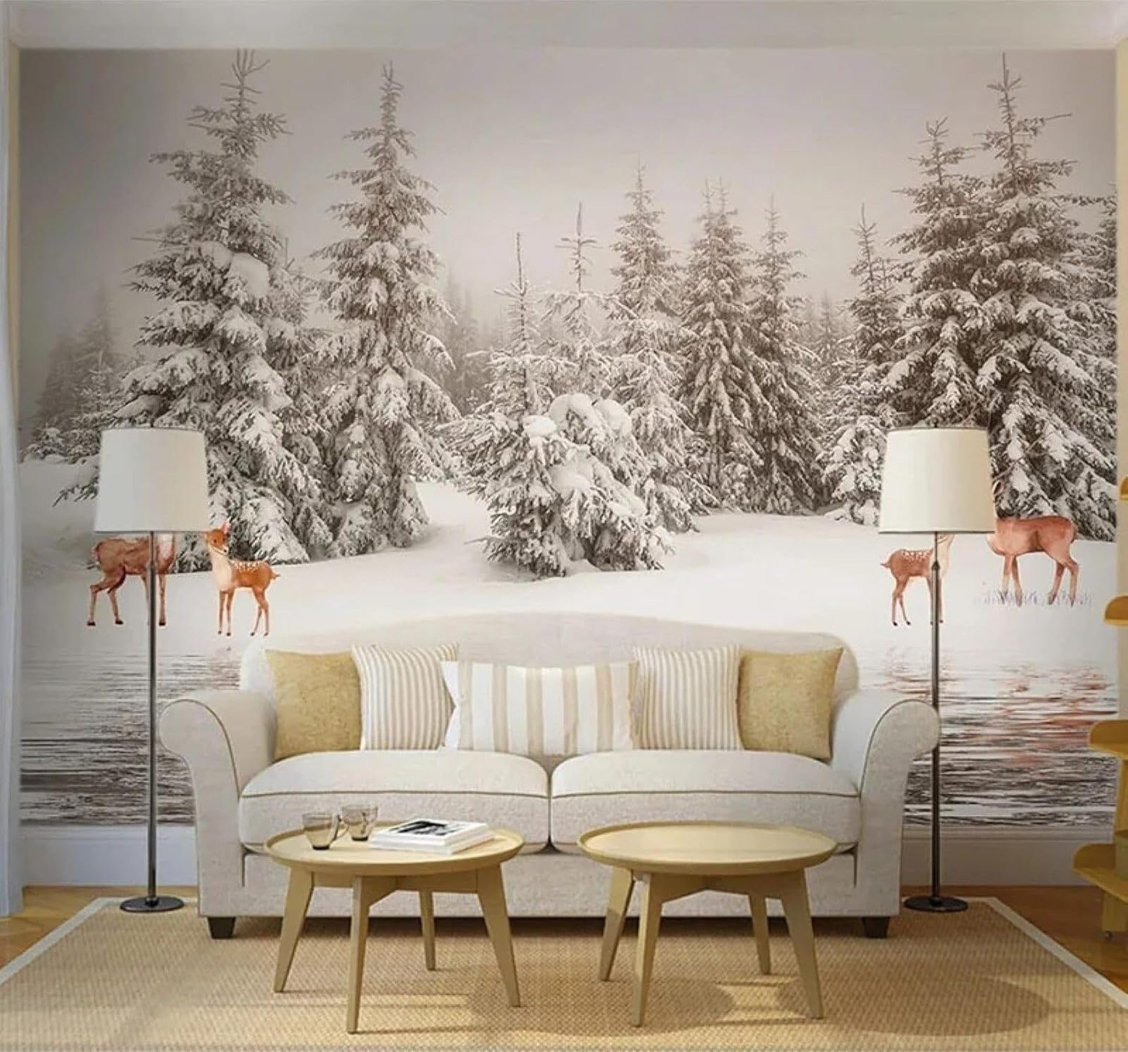 Xlming 430Cm×300Cm(B×H) Vintage Beautiful Forest Moose Snowy Landscape 3D Wallpaper Luxury Silk Study Dining Feature Sofa Grey Bedroom Living Room Tv Decorative Wall-430Cm×300Cm