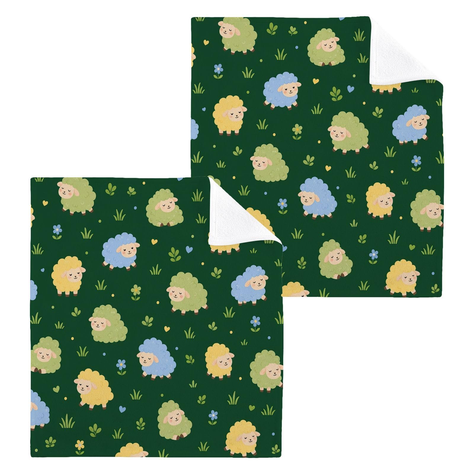 BOESI Meadow Sheep 12x12in Cotton Washcloth,Soft Absorbent Face Towel