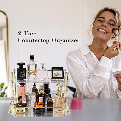 Miniatura 5 de DalimFun Organizador de baño de 2 niveles, organizador de mostrador de perfumes, estantes de almacenamiento, bandeja de tocador desmontable (blanco)