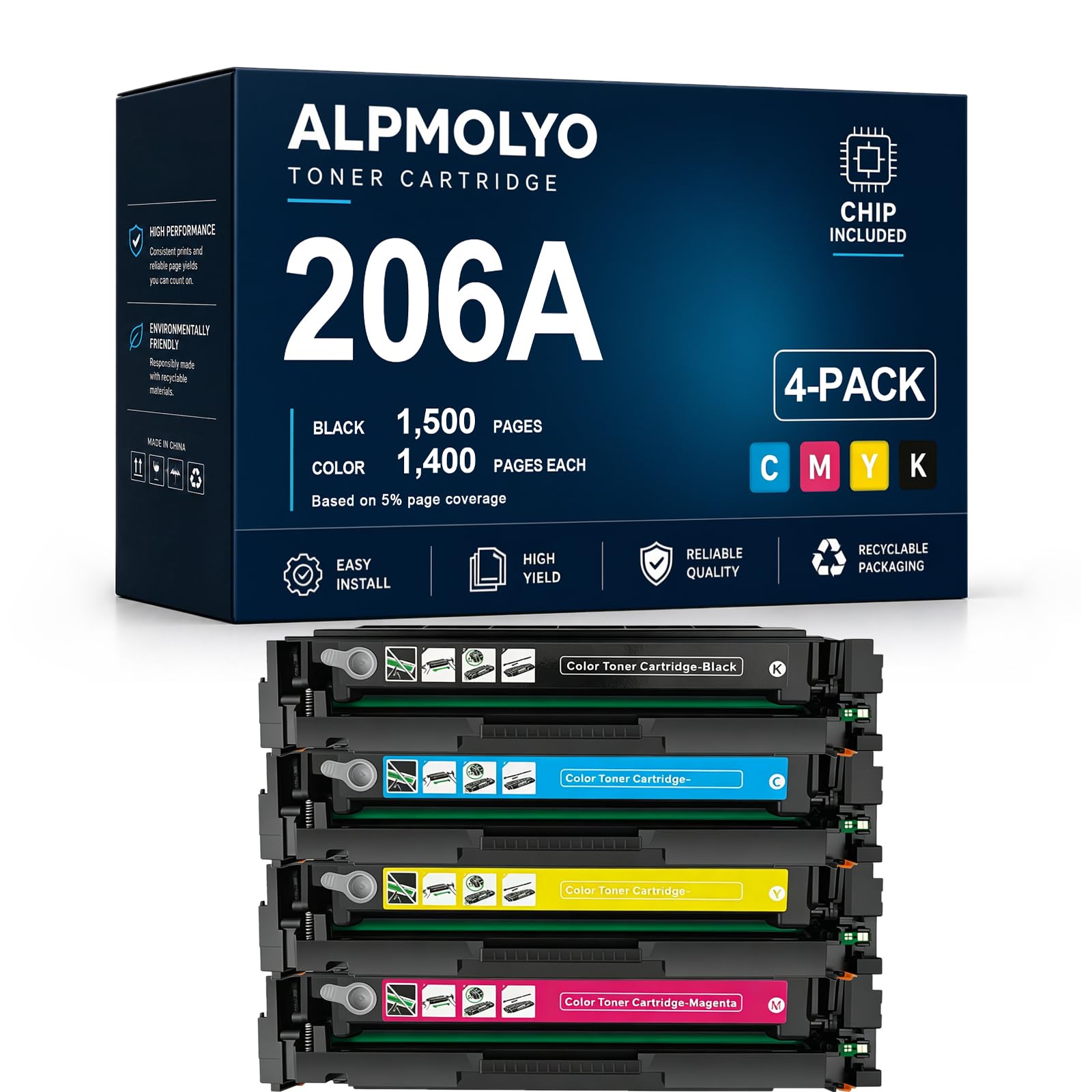 Sostituzione della cartuccia di toner ad alta resa 206A per W2110A W2111A W2113A W2112A, compatibile con HP M255DW/M255NW/M282NW/M283DW/M283FDW, con chip